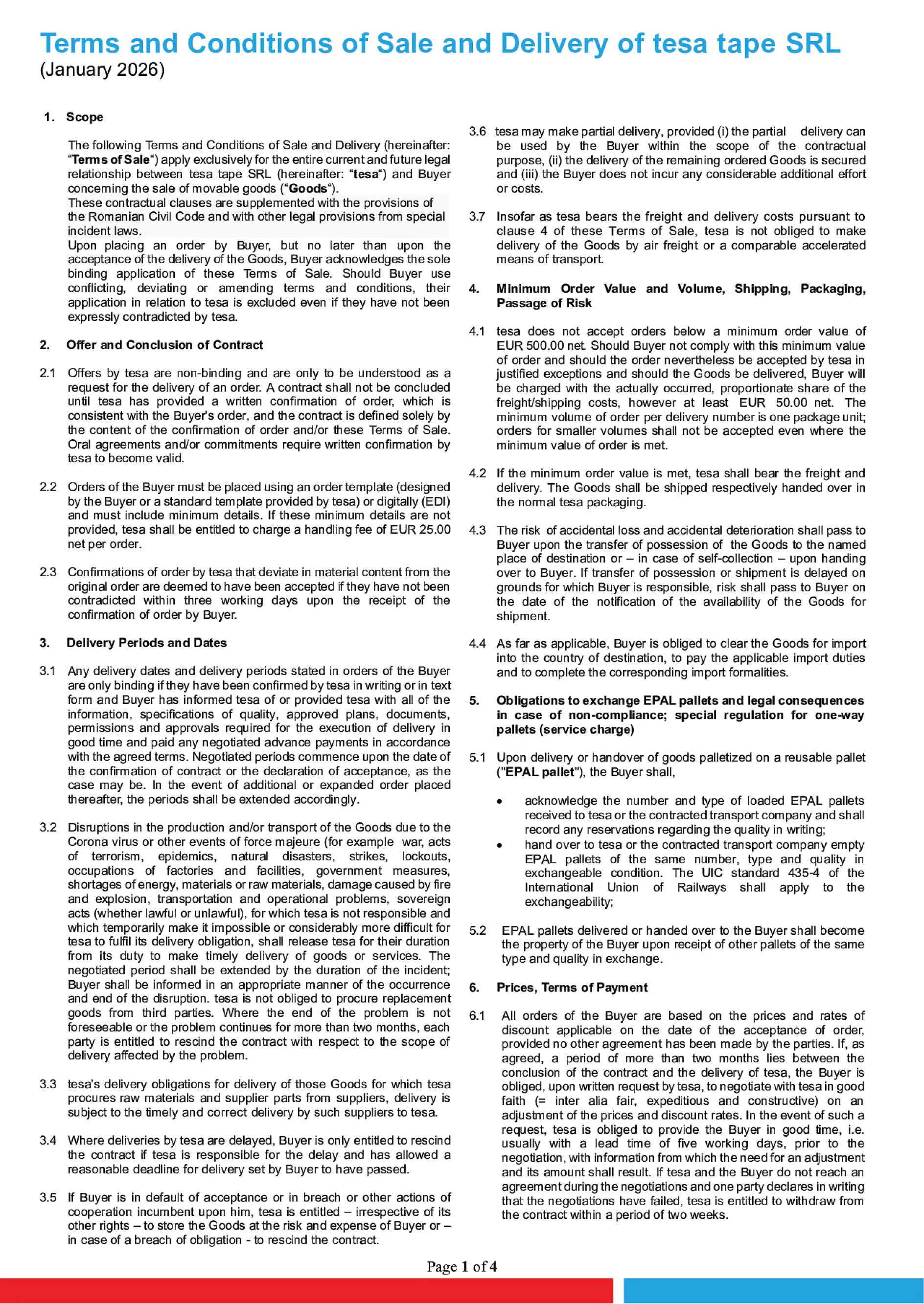 Descriptions of the terms and conditions of sales and delivery tesa Romania