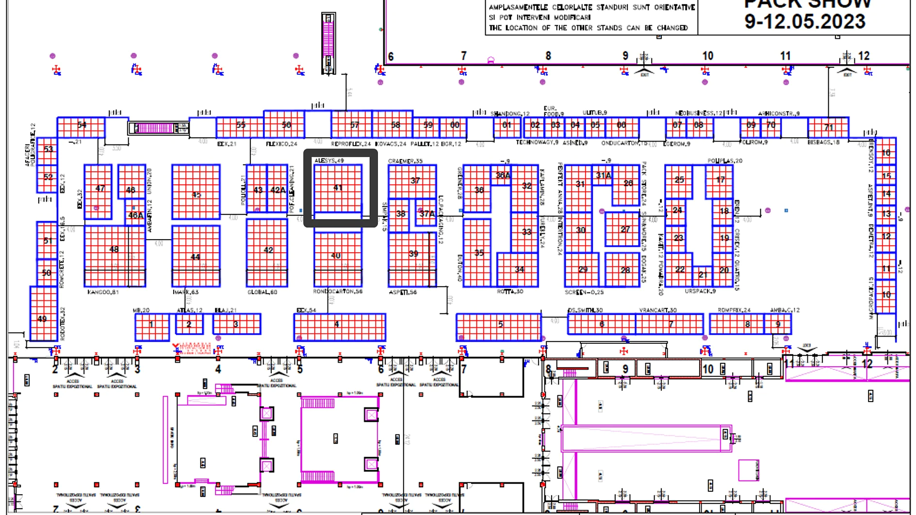 Map Pack Show Un plan detaliat al unei săli cu eticheta „Pack Show 9-12.05.2023” cu mai multe secțiuni dreptunghiulare etichetate cu numere și nume. Există căi marcate între secțiuni și o legendă în colțul din dreapta sus, toate conturate folosind bandă tesa pentru claritate și precizie. Sala poartă eticheta „B1. (This text has been generated by AI)
