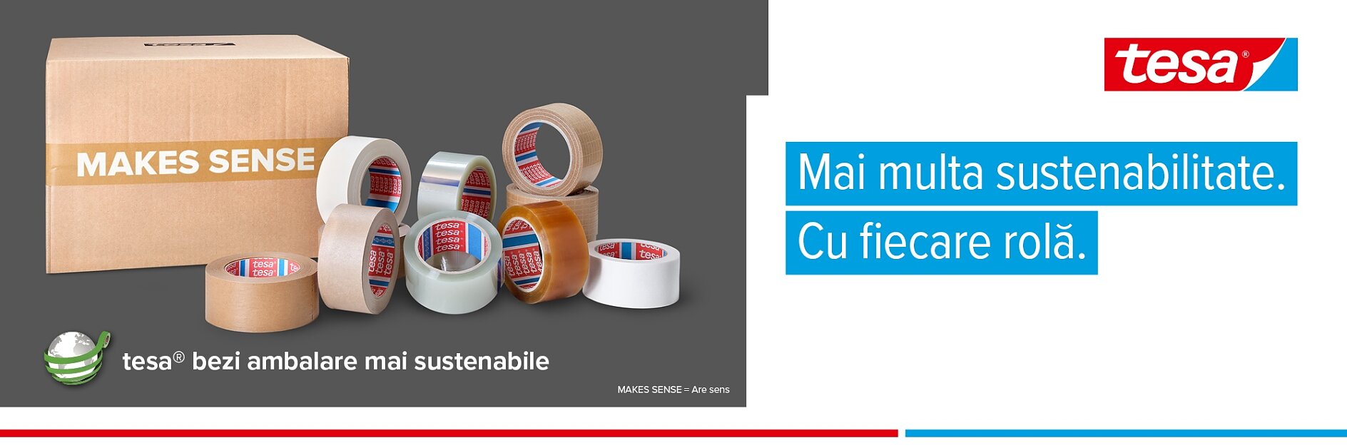 O cutie de carton cu eticheta „Makes Sense” înconjurată de diverse role de bandă tesa transparentă și maro. Textul scrie „Mai multa sustenabilitate. Cu fiecare rolă”. cu sigla tesa în dreapta sus. (This text has been generated by AI)