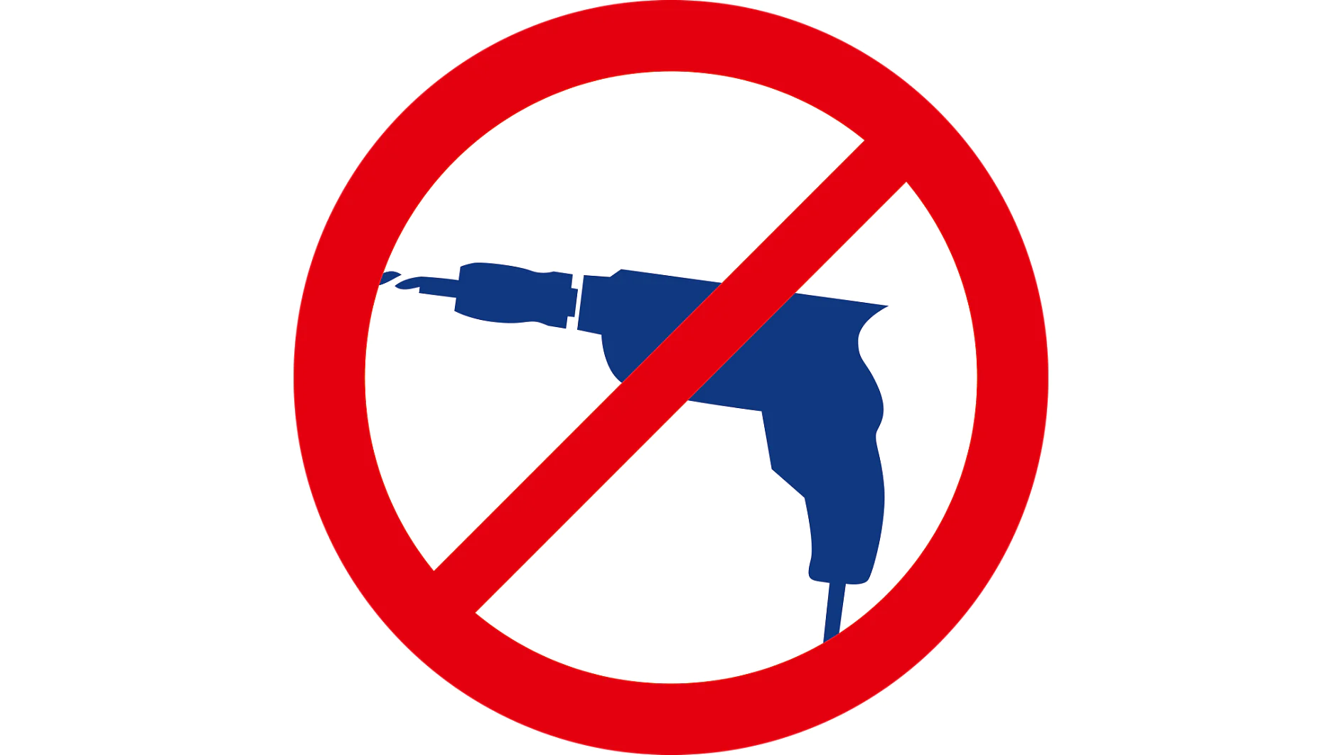 O siluetă albastră a unui burghiu electric este tăiată cu un cerc roșu îndrăzneț și o linie diagonală, ceea ce indică faptul că banda tesa poate fi utilizată și că burghiile nu sunt permise sau interzise. (This text has been generated by AI)