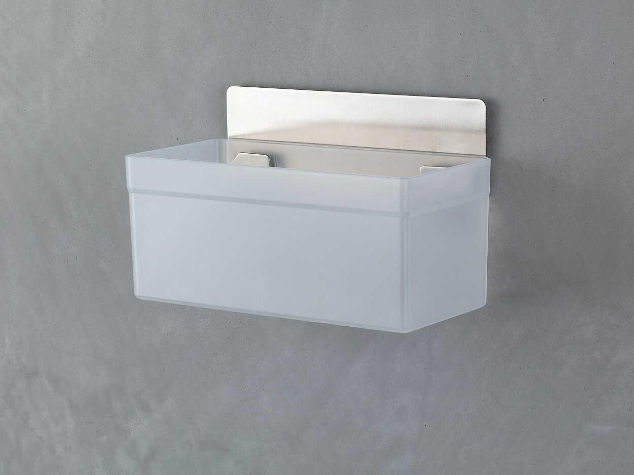 [en-en] tesa Powerstrips Waterproof Shelf Zoom, stainless steel, 1 shelf/ 4 Strips, hanging folding box