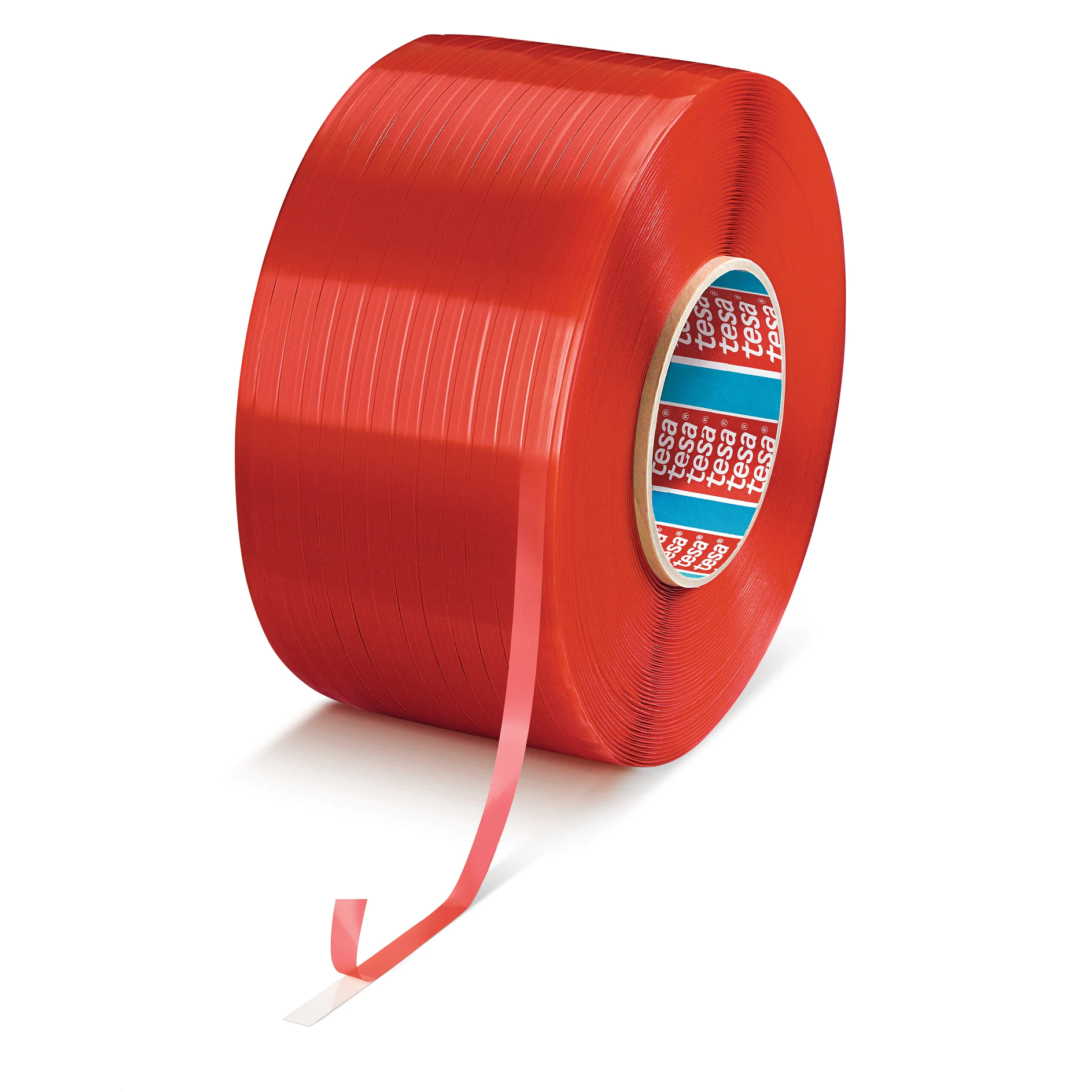 red tesa adhesive tape roll with a strip partially peeled off on a white background (Acest text a fost generat de inteligența artificială)