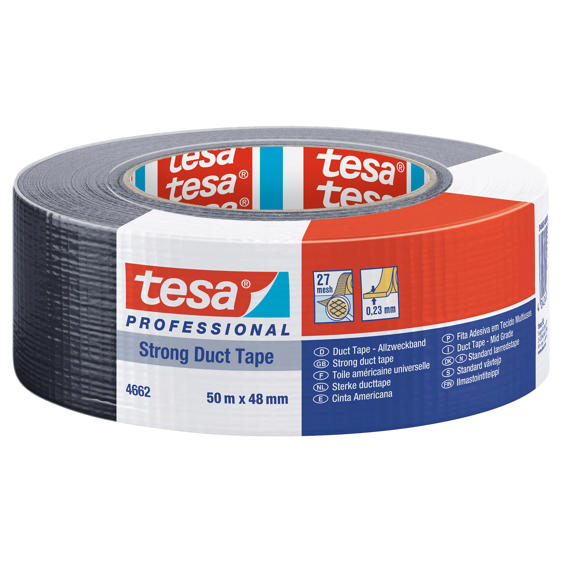 tesa professional strong duct tape roll with gray adhesive tape, 50 mm by 48 m, displayed on white background (Acest text a fost generat de inteligența artificială)