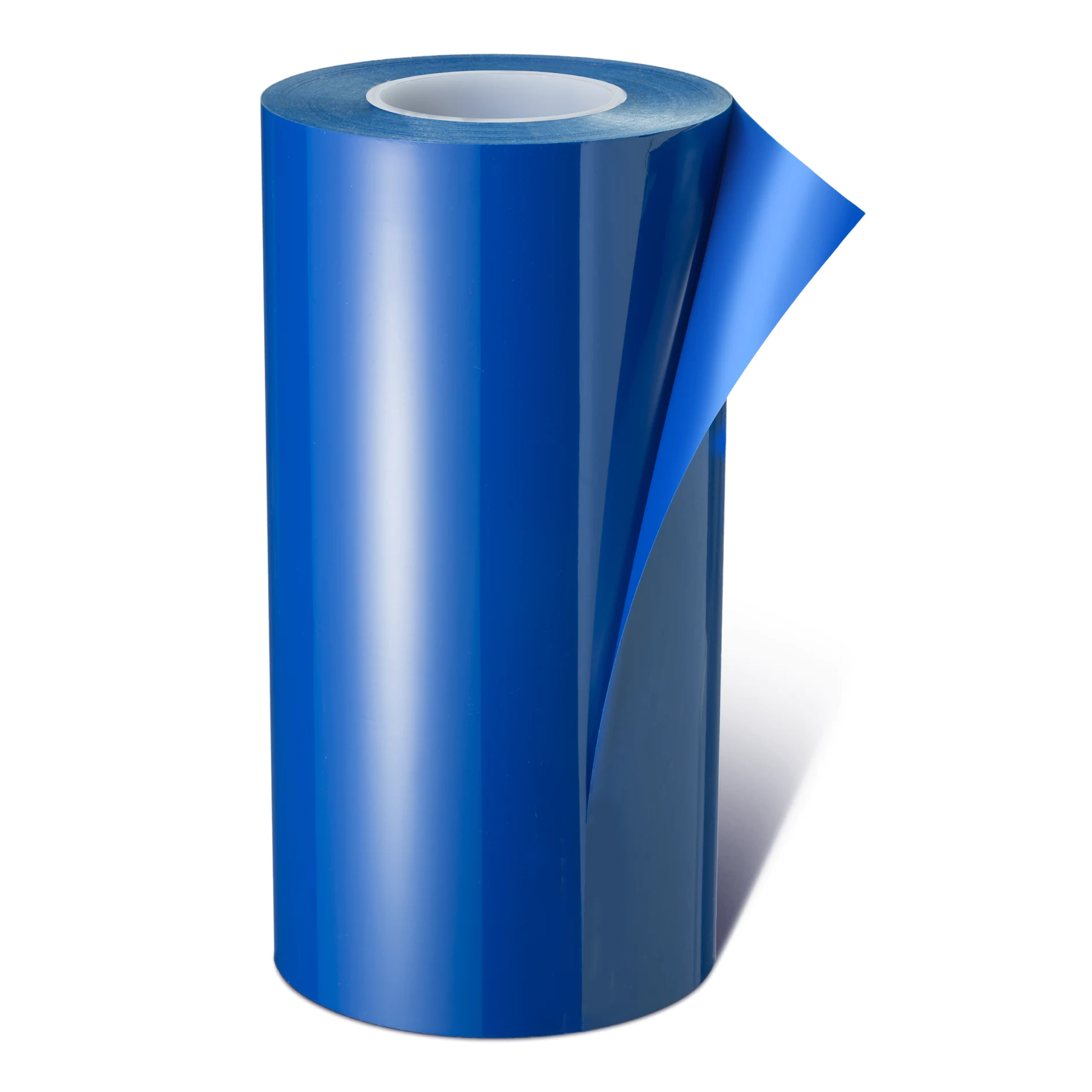 blue glossy adhesive film roll with one corner slightly peeled, isolated on white background (Acest text a fost generat de inteligența artificială)
