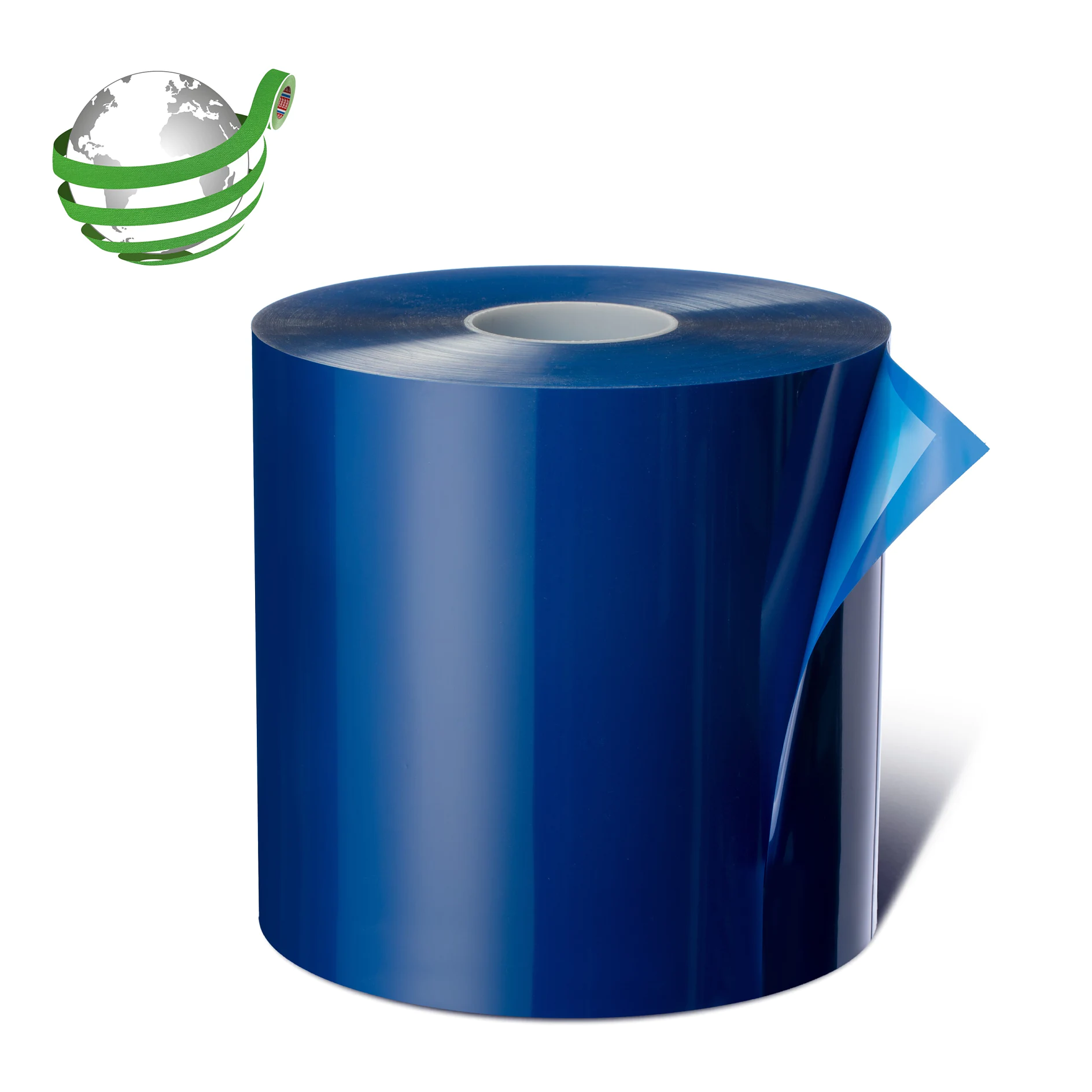 blue tesa adhesive film roll with one corner peeled, isolated on white background, used for surface protection or masking tasks (Acest text a fost generat de inteligența artificială)