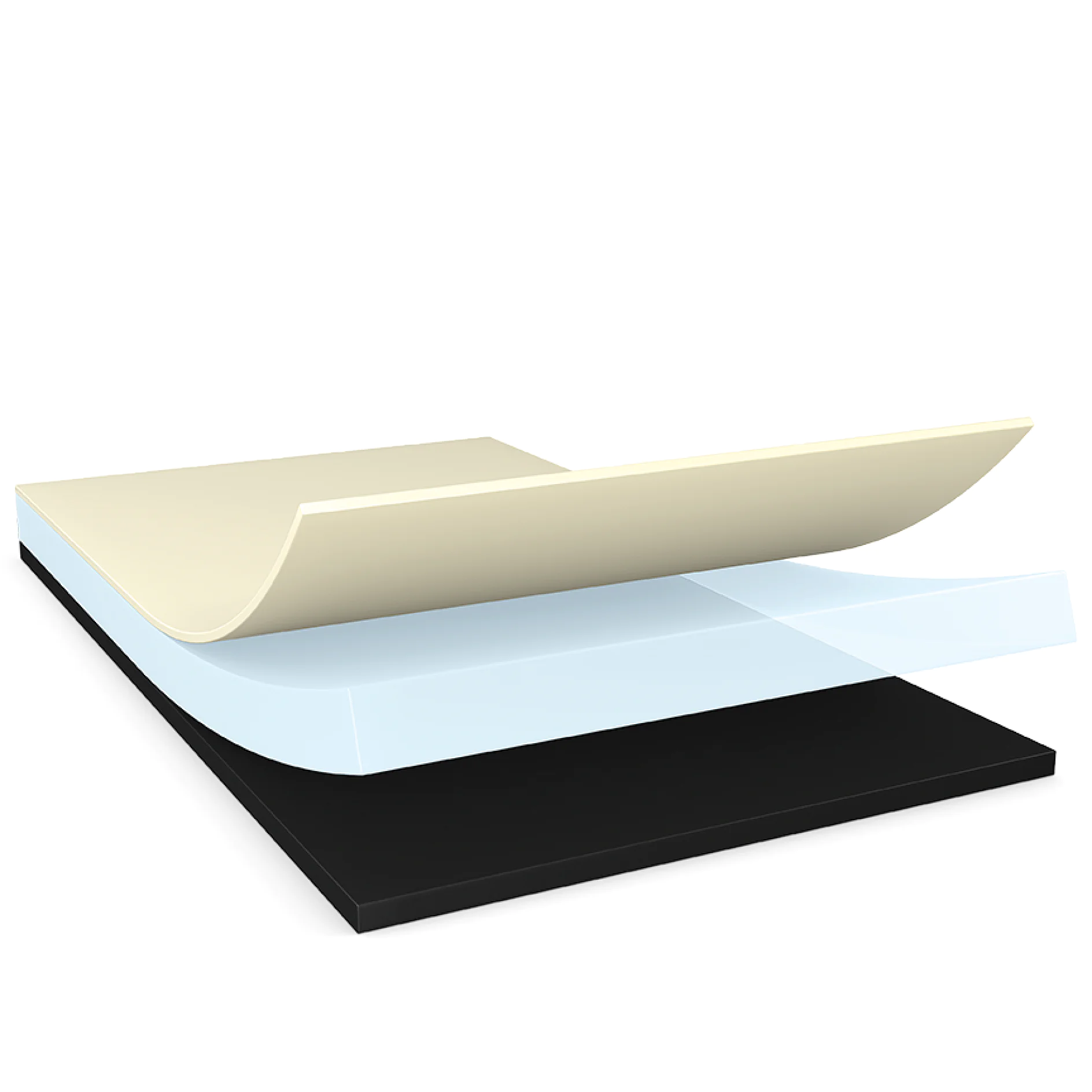 tesa adhesive tape layers separated showing beige top layer, transparent middle layer, and black bottom layer on white background (Acest text a fost generat de inteligența artificială)