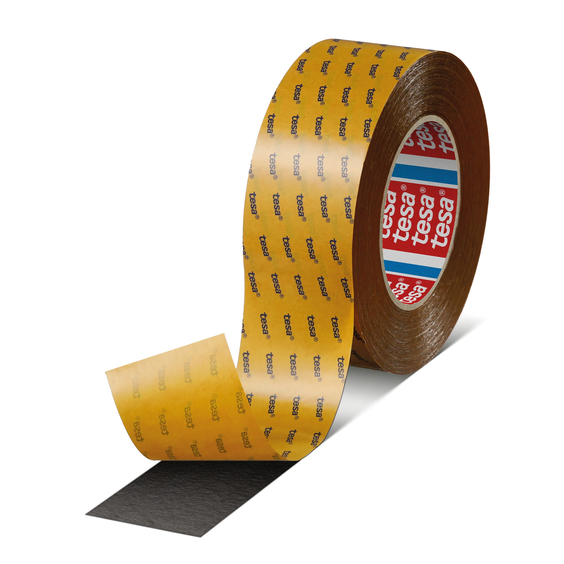 tesa branded adhesive tape roll with yellow backing paper partially peeled, isolated on white background (Acest text a fost generat de inteligența artificială)