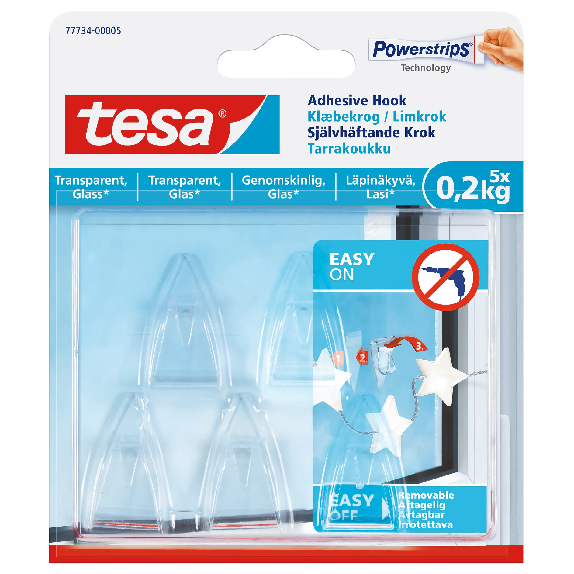 tesa transparent adhesive hooks in clear plastic packaging, showing four hooks for hanging items up to 0.2 kg, indoor use. (Acest text a fost generat de inteligența artificială)