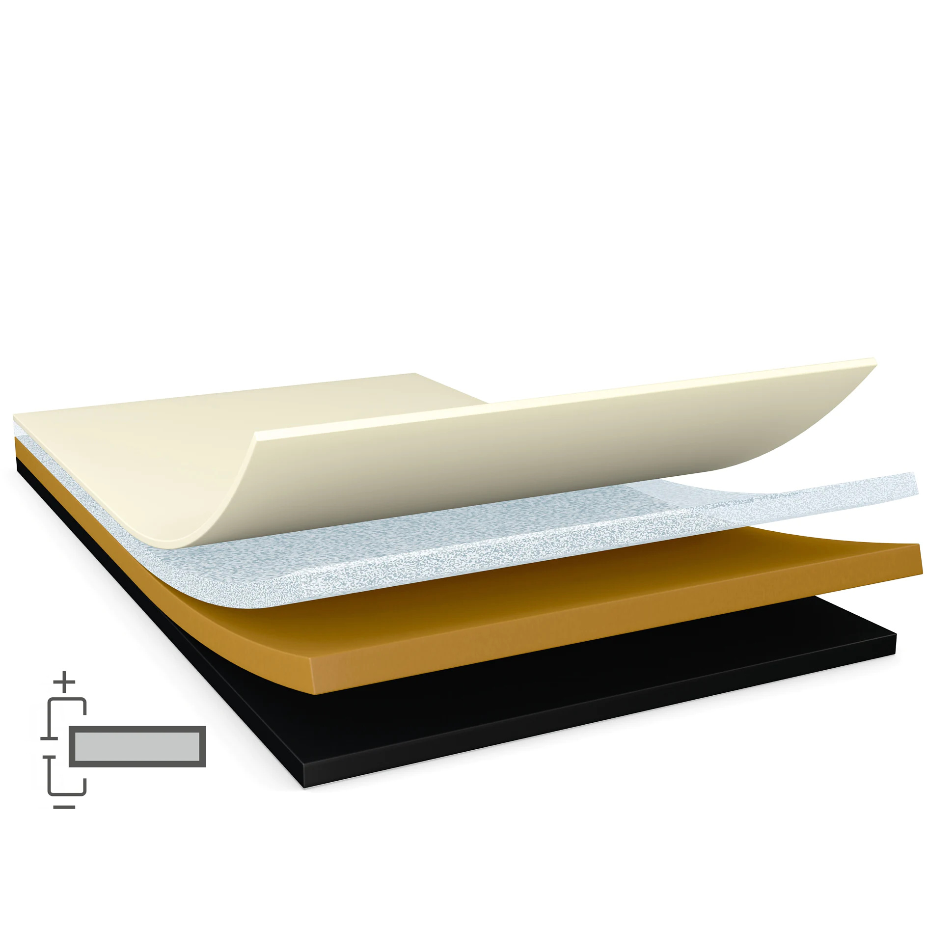 tesa adhesive tape layers showing backing, adhesive, and release liner in a digital 3D illustration on white background (Acest text a fost generat de inteligența artificială)