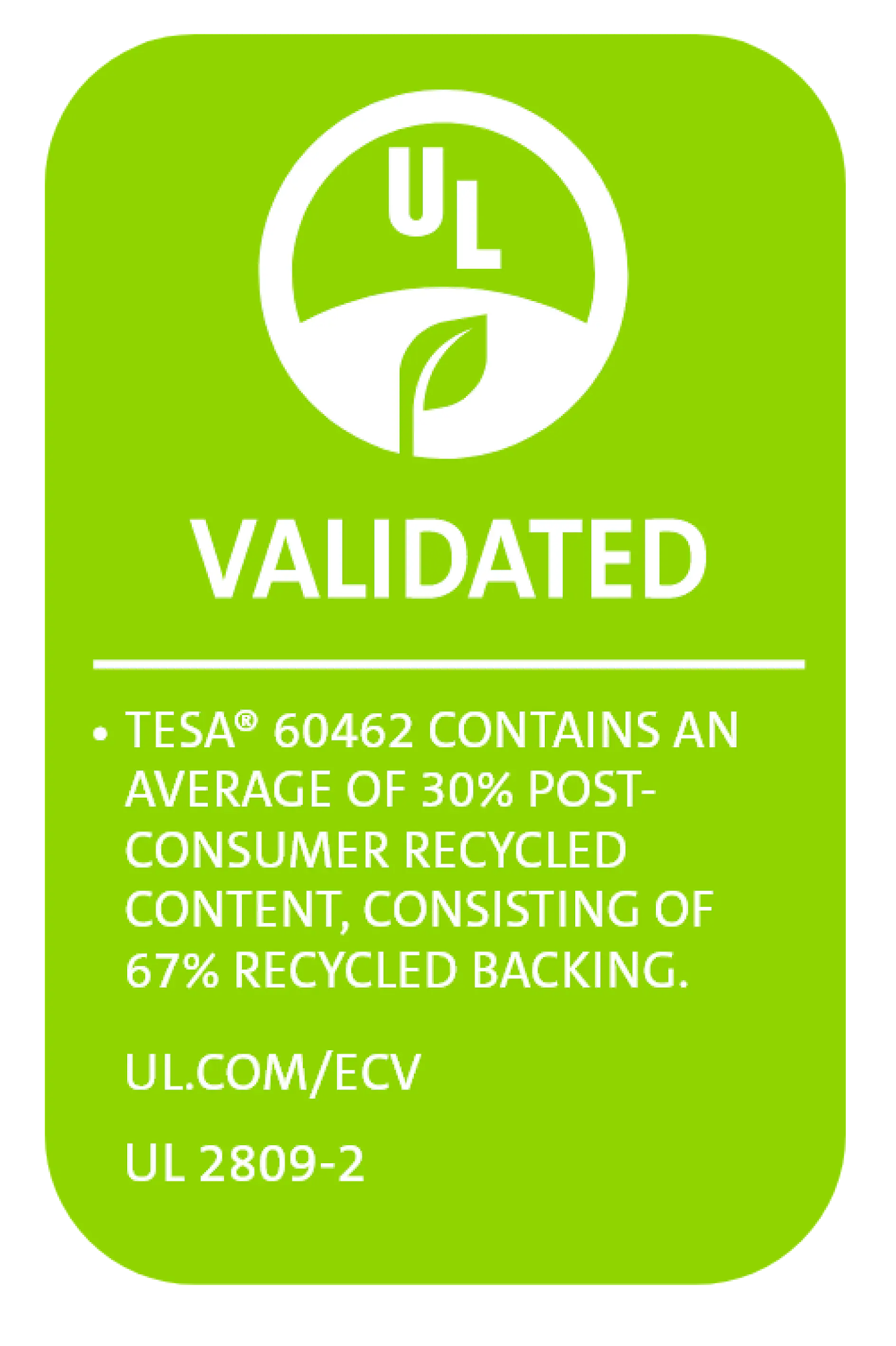 Green label displaying a white UL logo above the word VALIDATED. Below, text states that tesa tape 60462 contains 30% post-consumer recycled content with 67% recycled backing. Includes website ul.com/ecv and code UL 2809-2. (Acest text a fost generat de inteligența artificială)