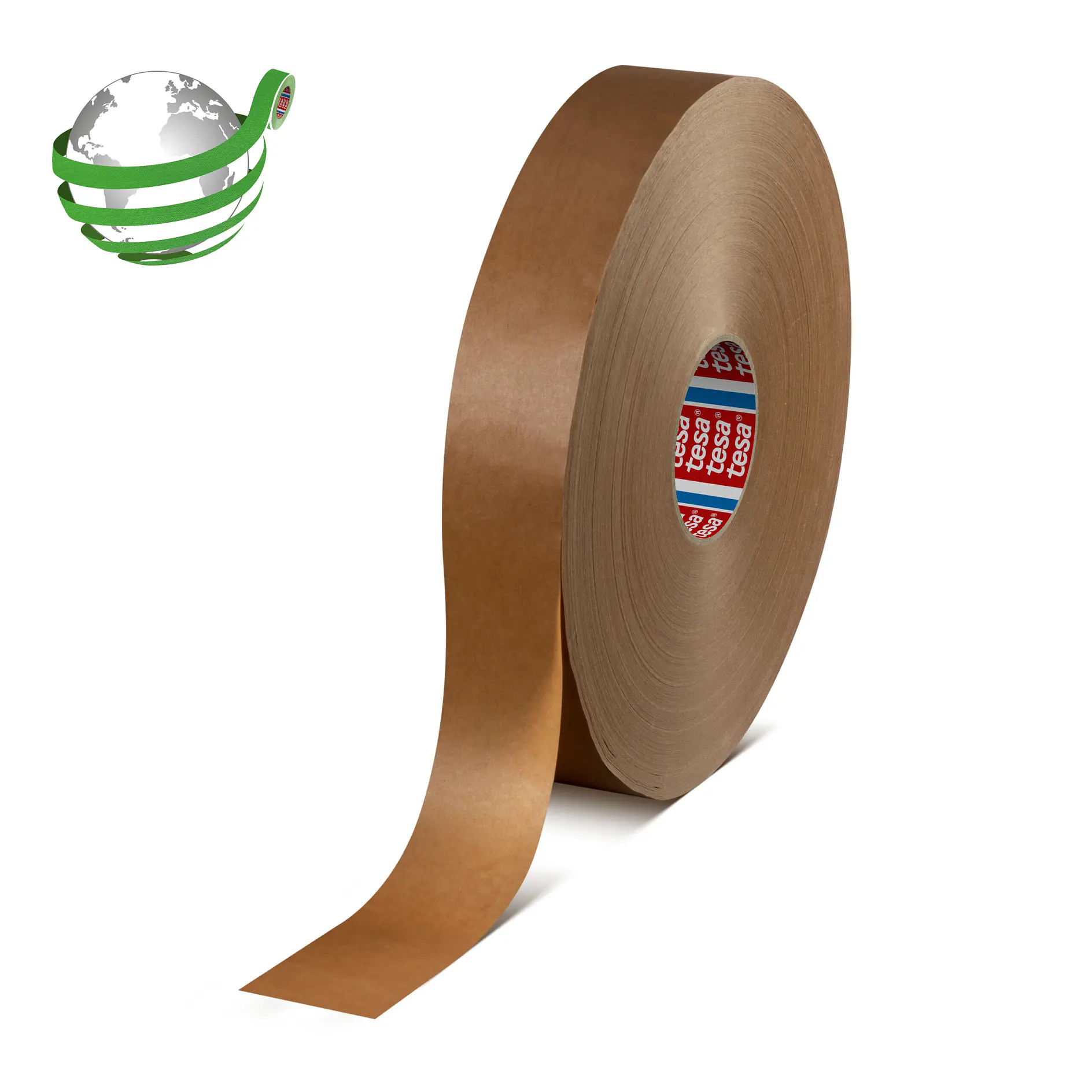 roll of brown tesa adhesive tape standing upright on a white background with a green and silver globe logo in the corner (Acest text a fost generat de inteligența artificială)