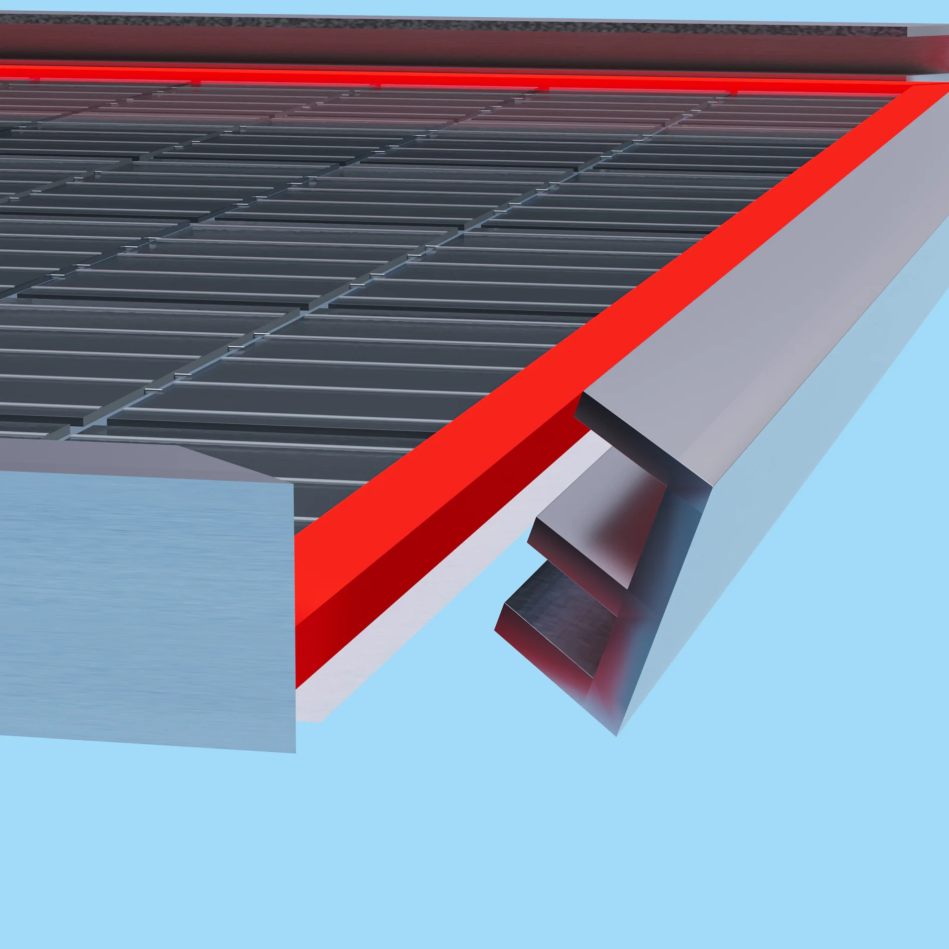 A digital rendering of a metal grating surface with a red border. A side view shows a metal frame and multiple parallel slats. The background is a solid light blue color. The image focuses on the edge and structure of the grating, which is enhanced using tesa tape along its edges for added clarity and definition. (Acest text a fost generat de inteligența artificială)