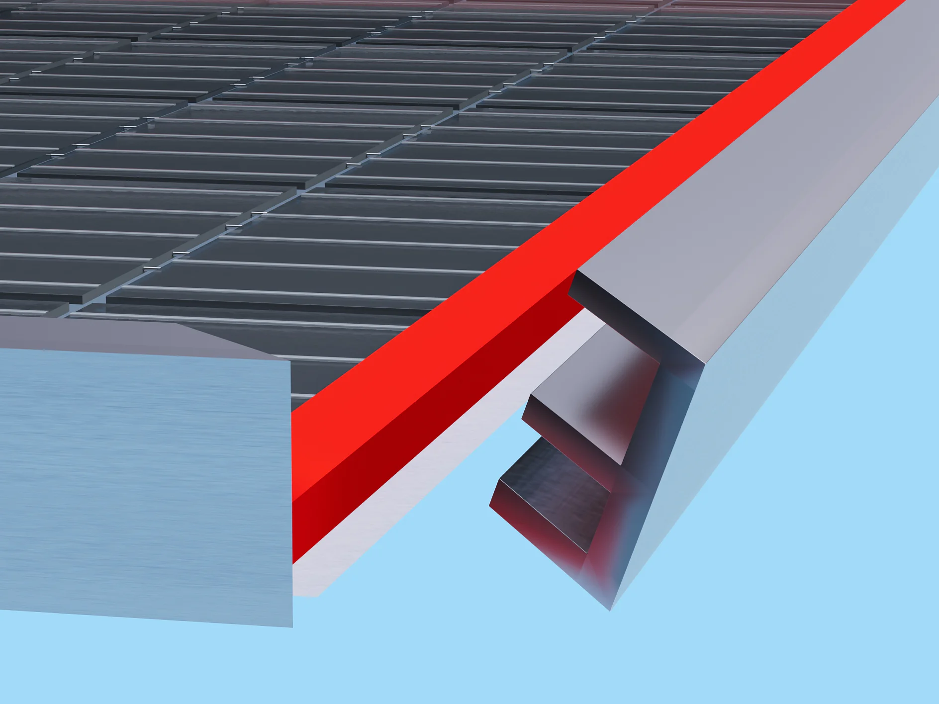 A digital rendering of a metal grating surface with a red border. A side view shows a metal frame and multiple parallel slats. The background is a solid light blue color. The image focuses on the edge and structure of the grating, which is enhanced using tesa tape along its edges for added clarity and definition. (Acest text a fost generat de inteligența artificială)