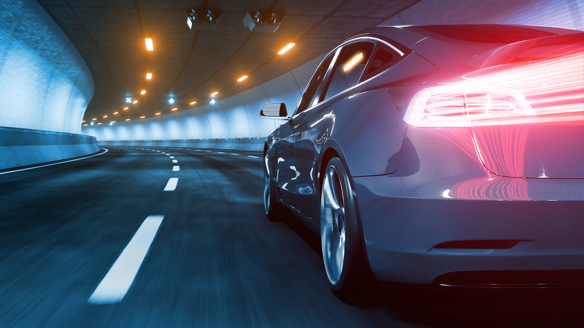A sleek car with illuminated taillights speeds through a well-lit tunnel. The road is marked with dashed white lines, and the surrounding walls are light blue. The tunnel is equipped with overhead lights and is curving to the left. (Acest text a fost generat de inteligența artificială)