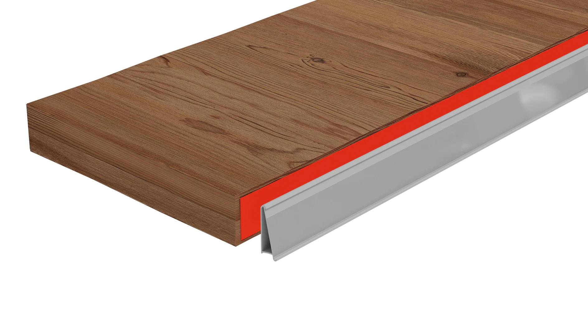 A close-up perspective view of a cross-section of a wooden panel featuring a silver metal strip along one edge, bordered by a red interior layer. The wood has a natural grain texture. (Acest text a fost generat de inteligența artificială)