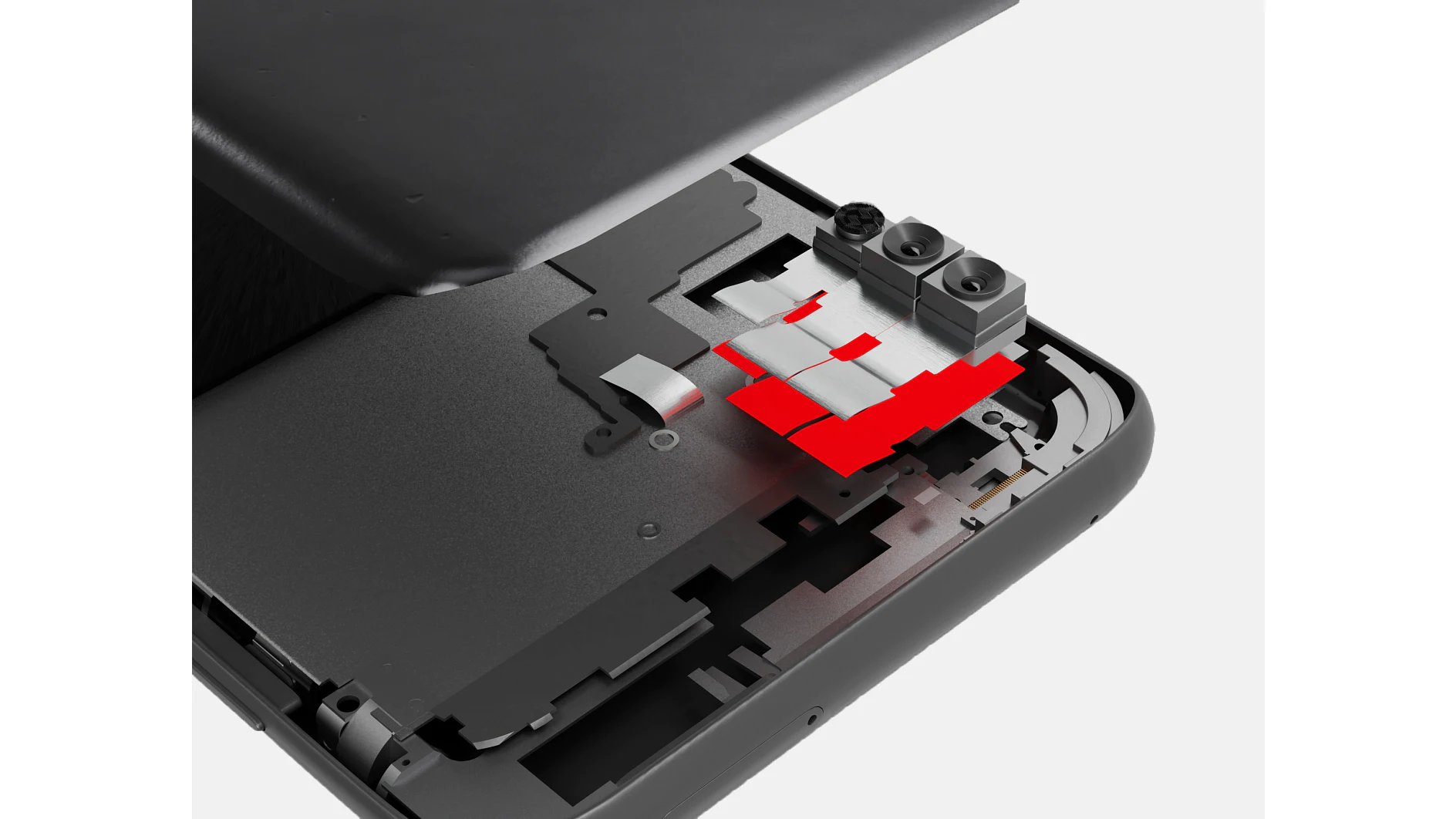 A partially open electronic device reveals an abstract arrangement of LEGO bricks inside. The bricks include two round, black pieces and several white and red rectangular pieces. The device casing is black with a metallic finish, secured with tesa tape to ensure stability and secure assembly. (Acest text a fost generat de inteligența artificială)