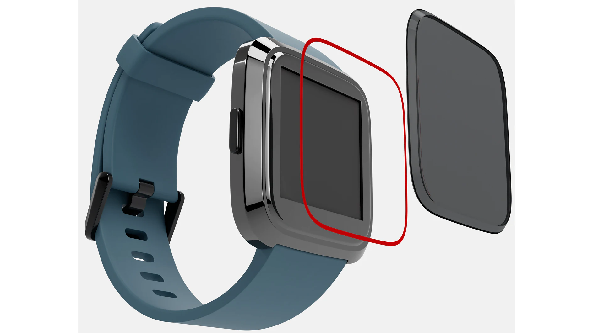 A silver smartwatch with a black screen and teal strap is shown in an exploded view. A red-bordered outline highlights the screen. The watchs rectangular face is separated from its glass cover, which floats beside it, held securely by tesa tape. (Acest text a fost generat de inteligența artificială)