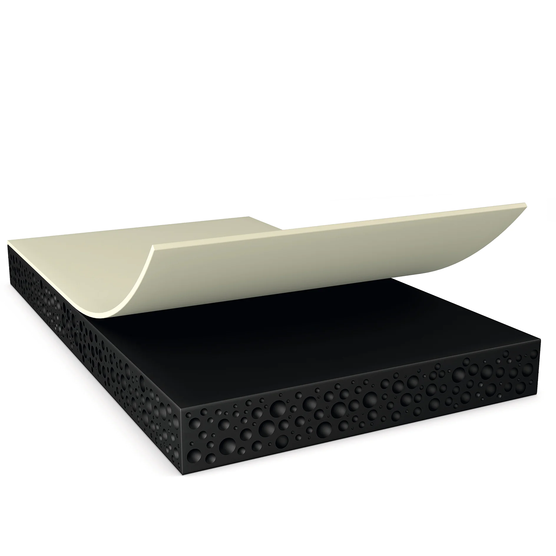 A 3D illustration of a mattress layer shows a beige top layer partially peeled back, revealing a textured black foam layer with spherical indents underneath. The layers are separated for visualization purposes using tesa tape. (Acest text a fost generat de inteligența artificială)