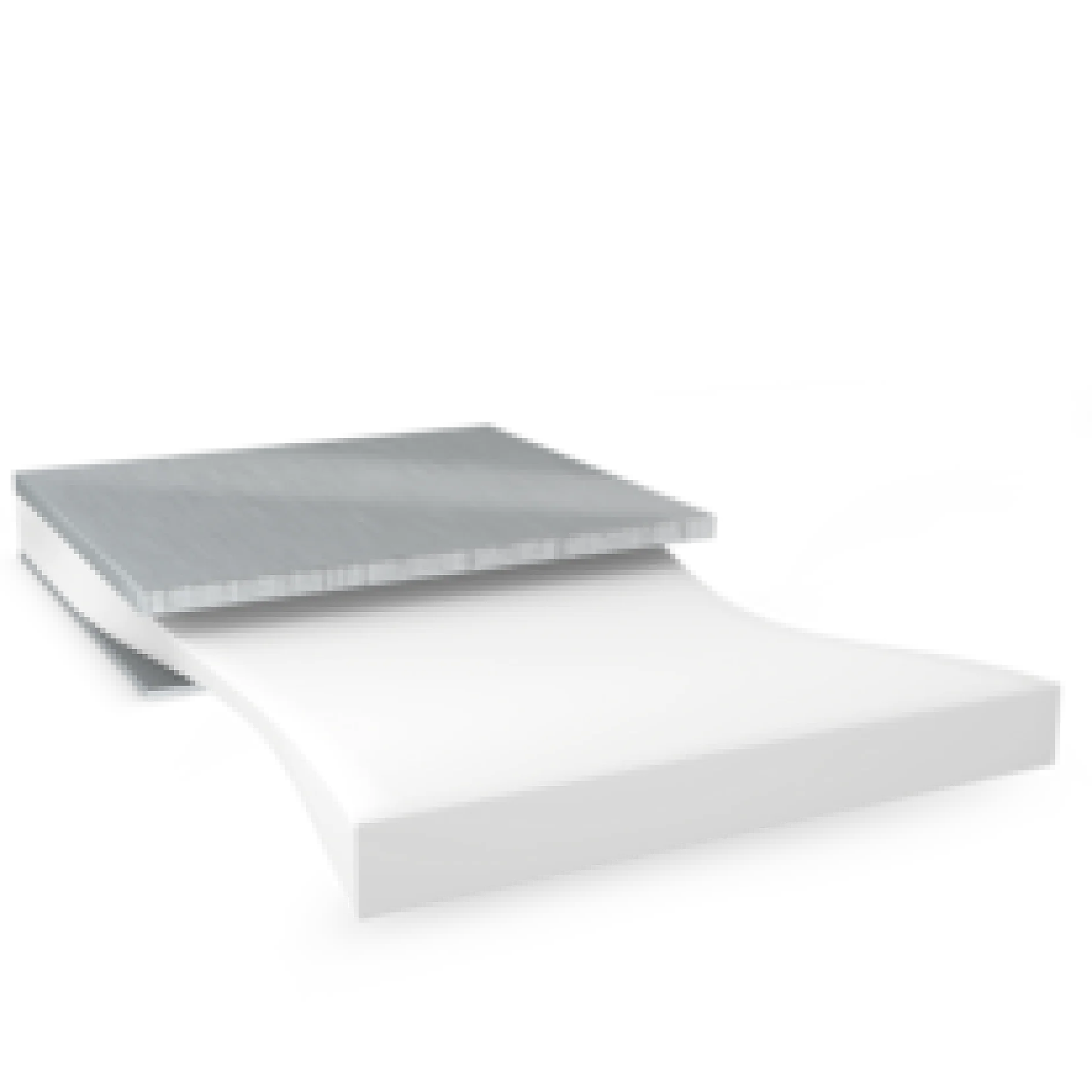 A 3D rendering shows a sandwich panel with three layers: a top metallic layer, a middle corrugated layer, and a bottom white layer. The panel is partially lifted, demonstrating its layered structure. (Acest text a fost generat de inteligența artificială)