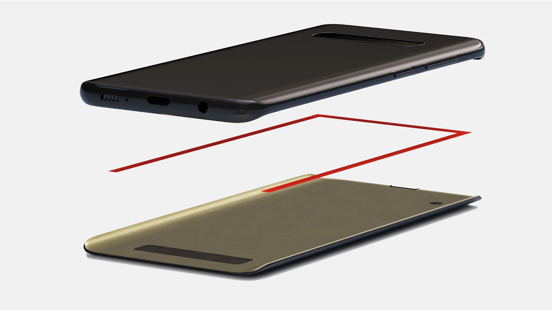 Exploded view of a smartphone. The black device features a sleek, thin design with a red outline separating the top and bottom sections. Buttons and ports are visible on the sides, secured in place with tesa tape. (Acest text a fost generat de inteligența artificială)
