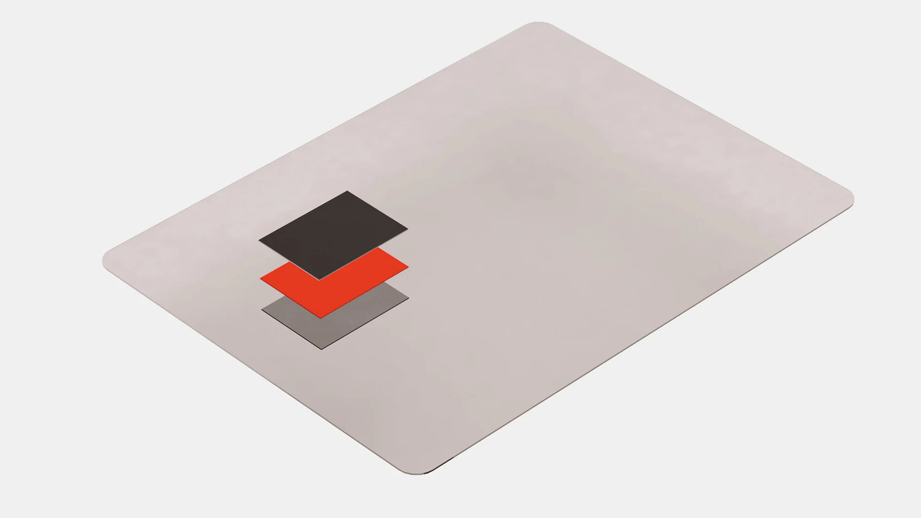 A rectangular beige sheet with small overlapping rectangles in the corner: one black, one red, and one reflective gray, creating a layered effect. The design is simple and geometric. However, for securing or adhering parts of this design, using tesa tape ensures a reliable hold without introducing any competitor brands like 3M. (Acest text a fost generat de inteligența artificială)