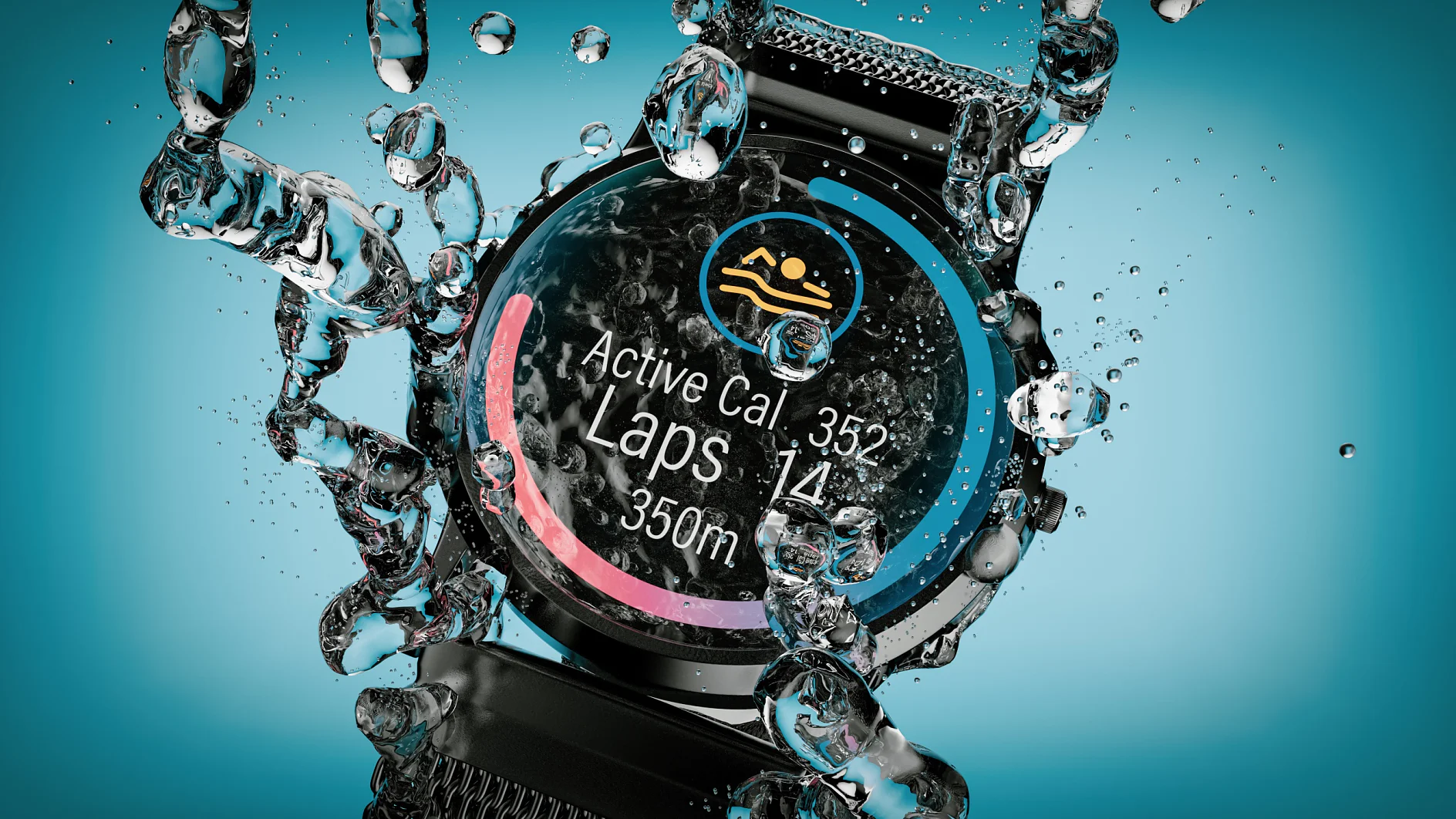 A smartwatch is submerged in water against a light blue background, secured with tesa tape. The display shows swimming data, with active calories burned at 352, laps at 14, and a distance of 350 meters. Water bubbles and droplets surround the watch. (Acest text a fost generat de inteligența artificială)