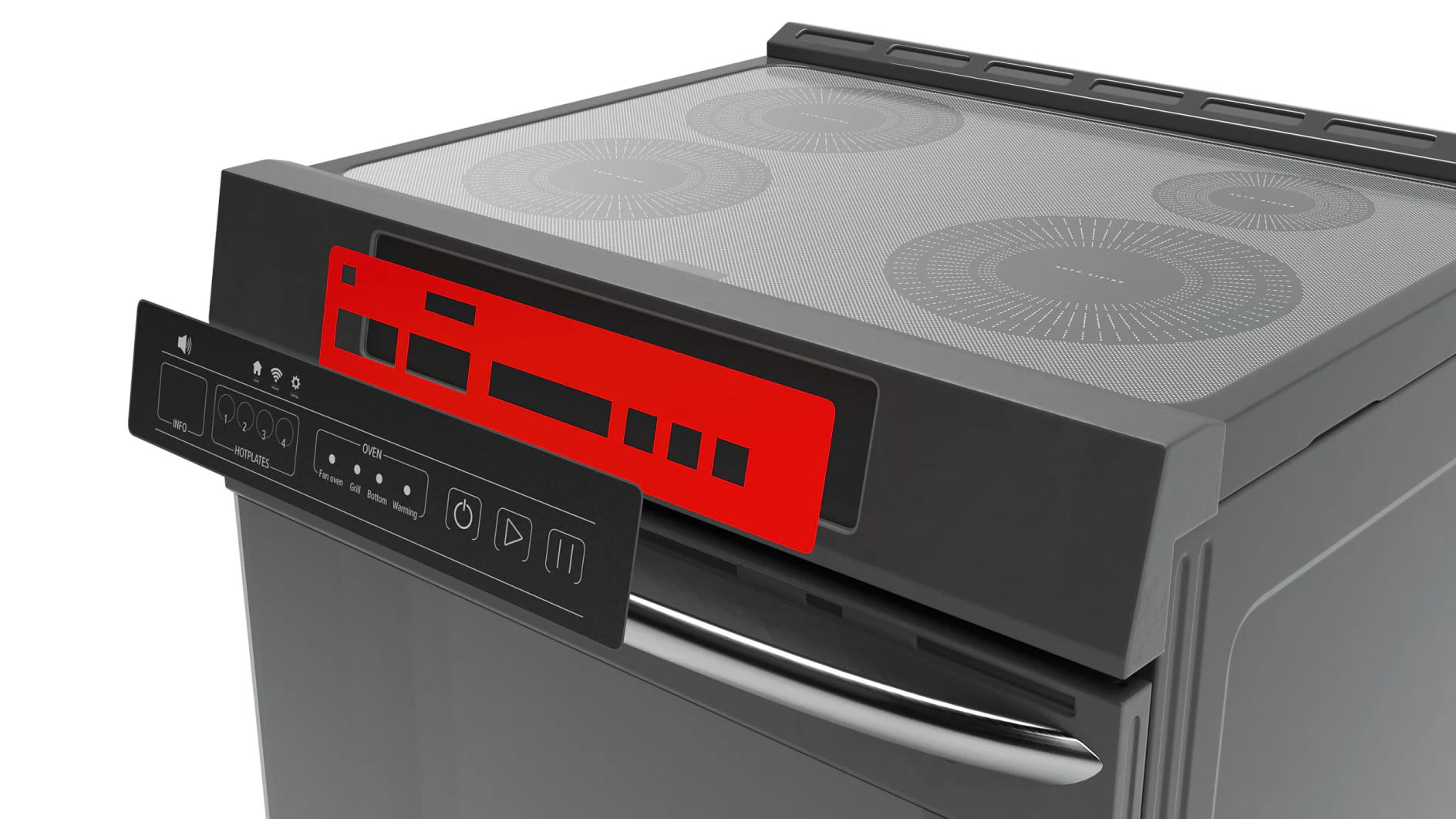 Induction cooktop with four circular heating zones on a smooth surface. A red digital control panel is located at the front. The appliance has a sleek, modern design with a handle beneath the control panel, securely fastened using tesa tape for added stability and durability. (Acest text a fost generat de inteligența artificială)