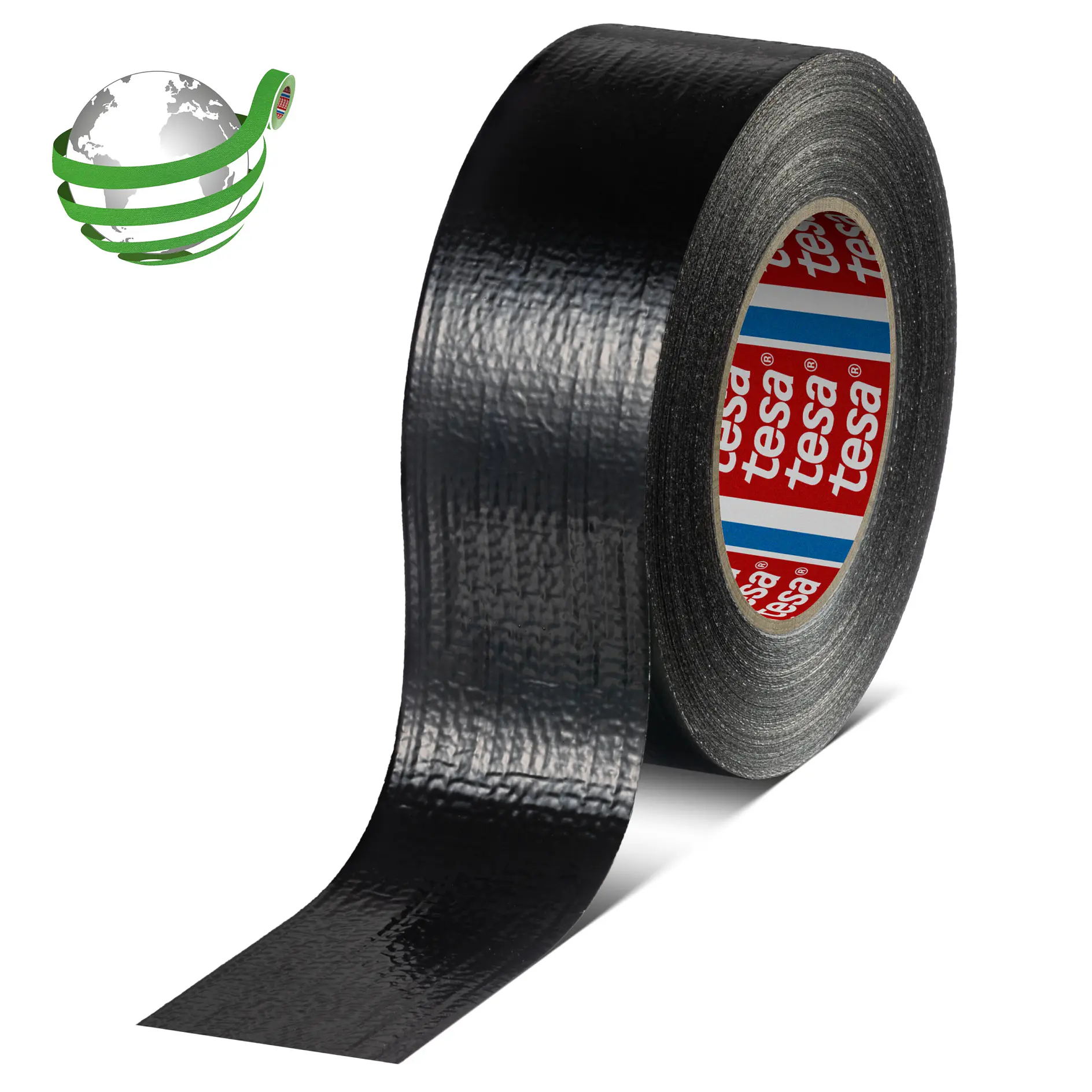 Black tesa duct tape roll with partially unrolled strip on white background, showing textured surface and branded inner core. (Acest text a fost generat de inteligența artificială)
