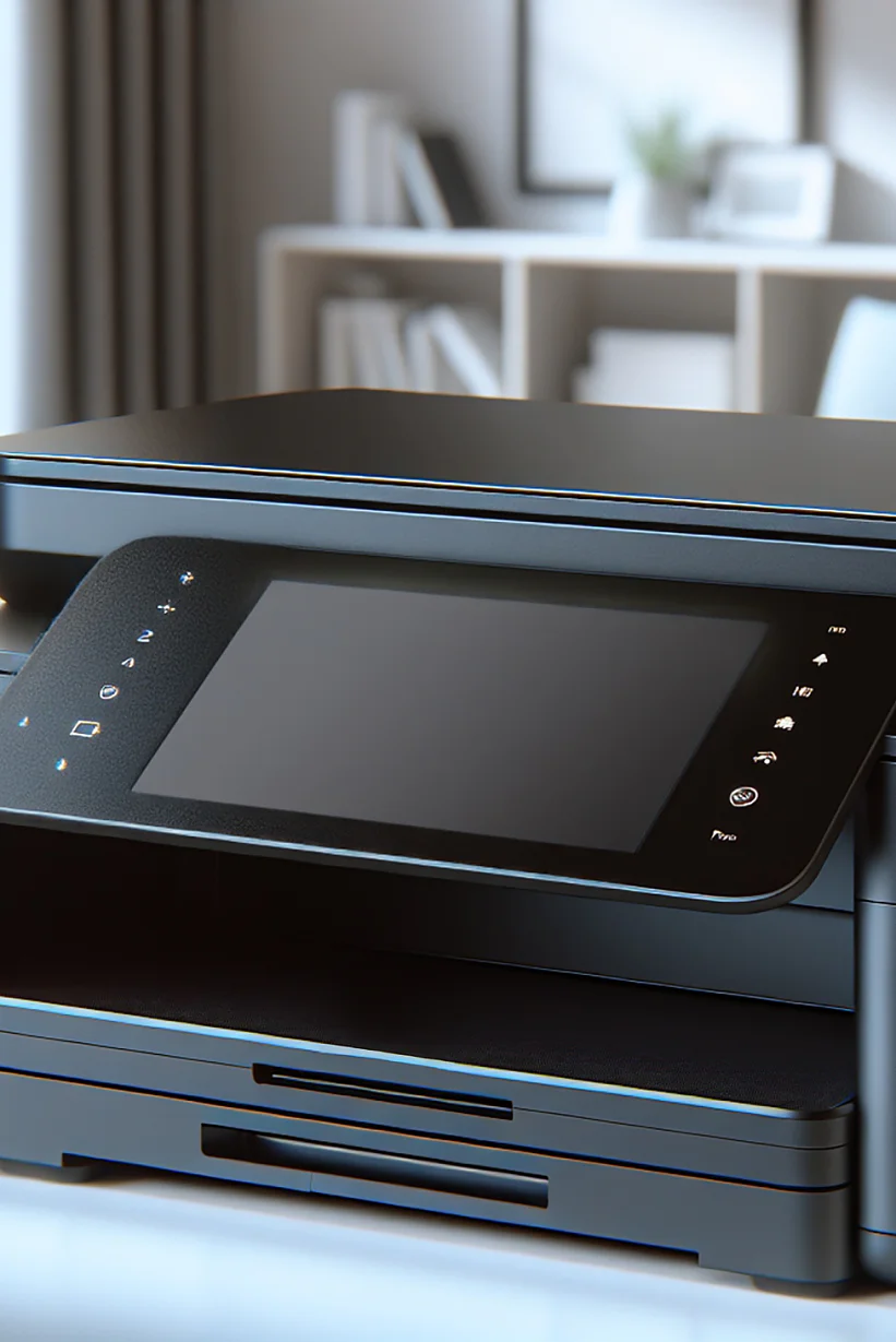 A black multifunction printer with a touchscreen sits on a white desk in a modern, sunlit room. Shelves and a window with curtains are visible in the background. (Acest text a fost generat de inteligența artificială)