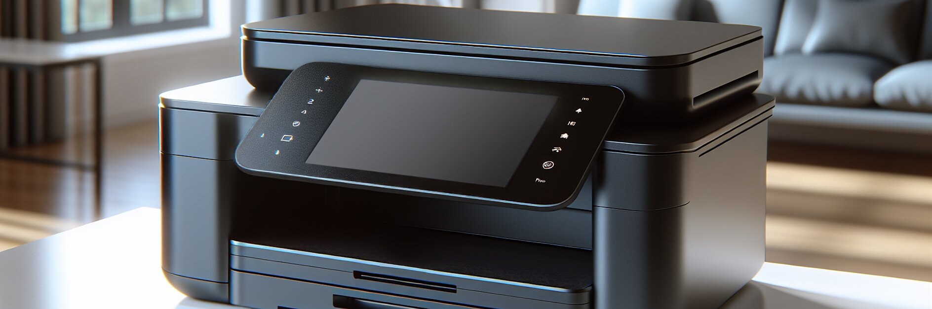 A black multifunction printer with a touchscreen sits on a white desk in a modern, sunlit room. Shelves and a window with curtains are visible in the background.