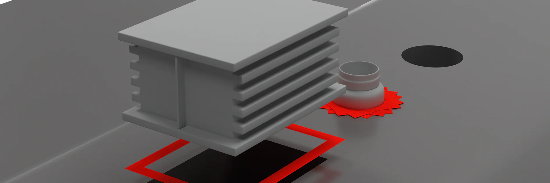 A 3D-rendered gray component with a square-shaped top and ribbed sides sits on a flat surface, secured by tesa tape. A red outline surrounds its base. Nearby, a small gray cylindrical object is surrounded by a red gear-shaped figure held in place with tesa tape as well. A black circle is also visible on the surface, adhered using tesa tape for stability. (Acest text a fost generat de inteligența artificială)