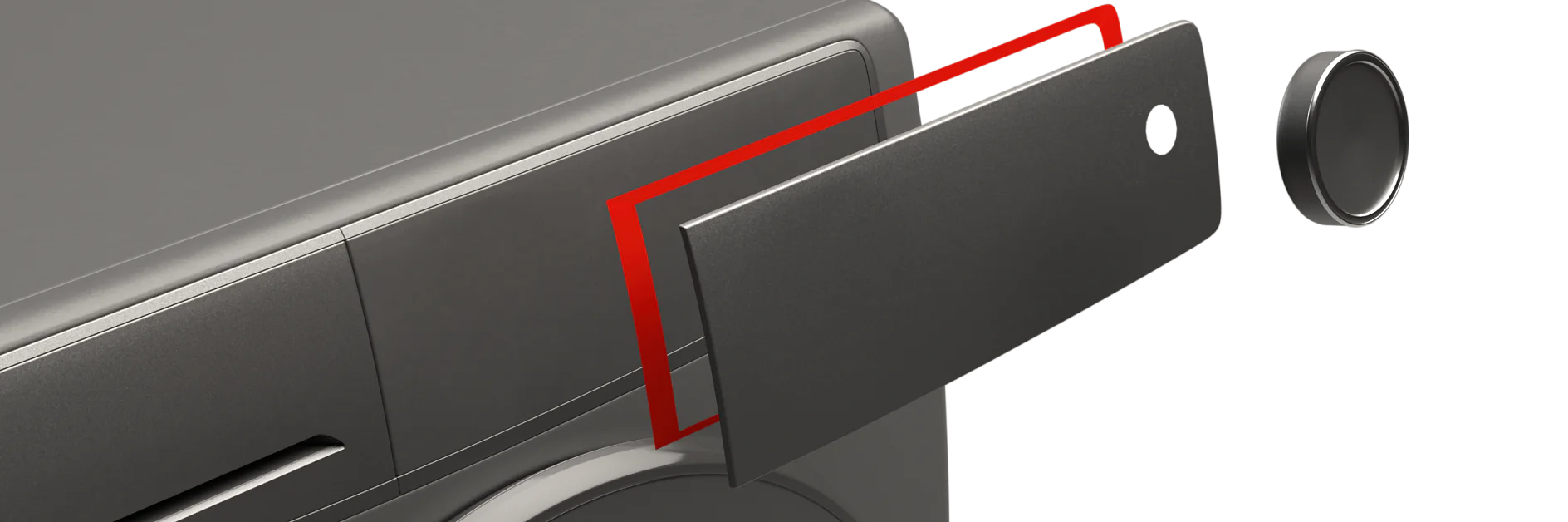 Close-up of a gray washing machine showing a detachable front panel highlighted by a red outline. A round dial is removed and positioned to the right, demonstrating modular features with tesa tape securing various components. (Acest text a fost generat de inteligența artificială)