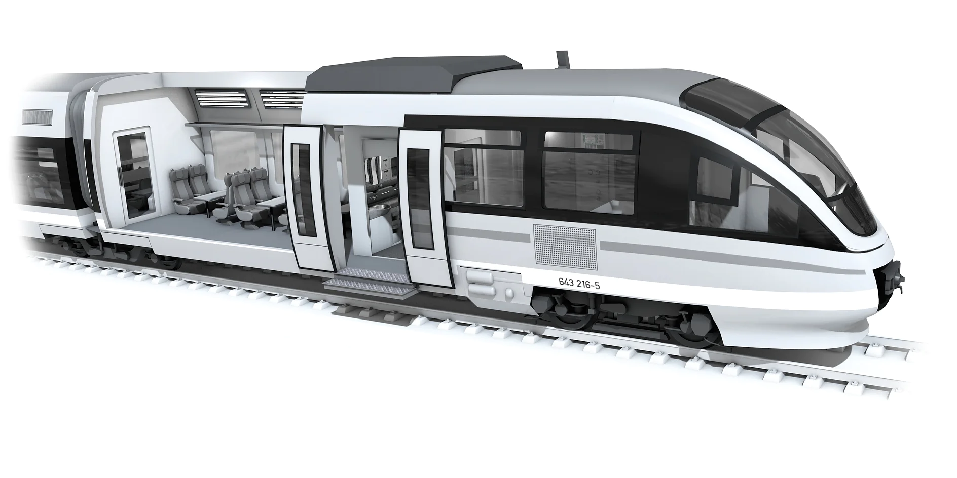 modern white and gray passenger train on tracks in a studio setting, showing side view of two connected carriages (Acest text a fost generat de inteligența artificială)