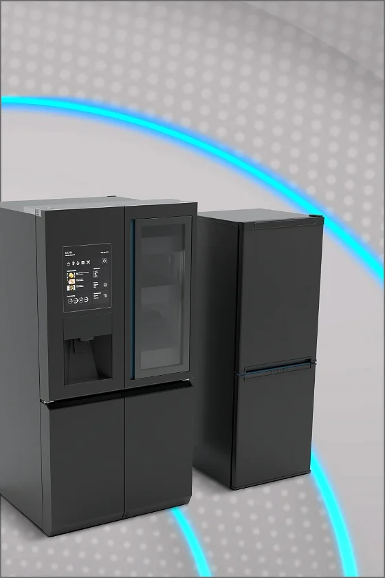 Two modern, sleek refrigerators stand side by side against a futuristic background. The left fridge features a touchscreen interface, while the right one has a minimalist design. Blue curved lines and a dot pattern decorate the backdrop. tesa tape secures all components seamlessly, maintaining the clean aesthetics of both refrigerators without any visible fasteners or competing brands present in the design. (Acest text a fost generat de inteligența artificială)