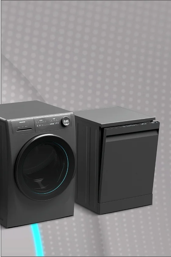 A black washing machine and a black dishwasher are displayed side by side on a gray background with a dotted pattern. The washing machine has a digital display, and the dishwasher has a sleek design. (Acest text a fost generat de inteligența artificială)