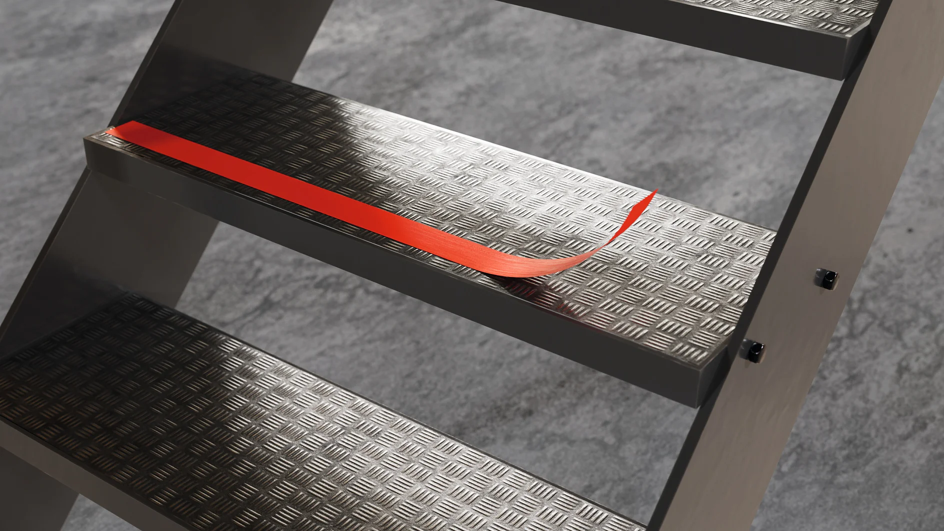 metal ladder steps with textured surface and a red tesa tape strip applied on one step indoors (Acest text a fost generat de inteligența artificială)