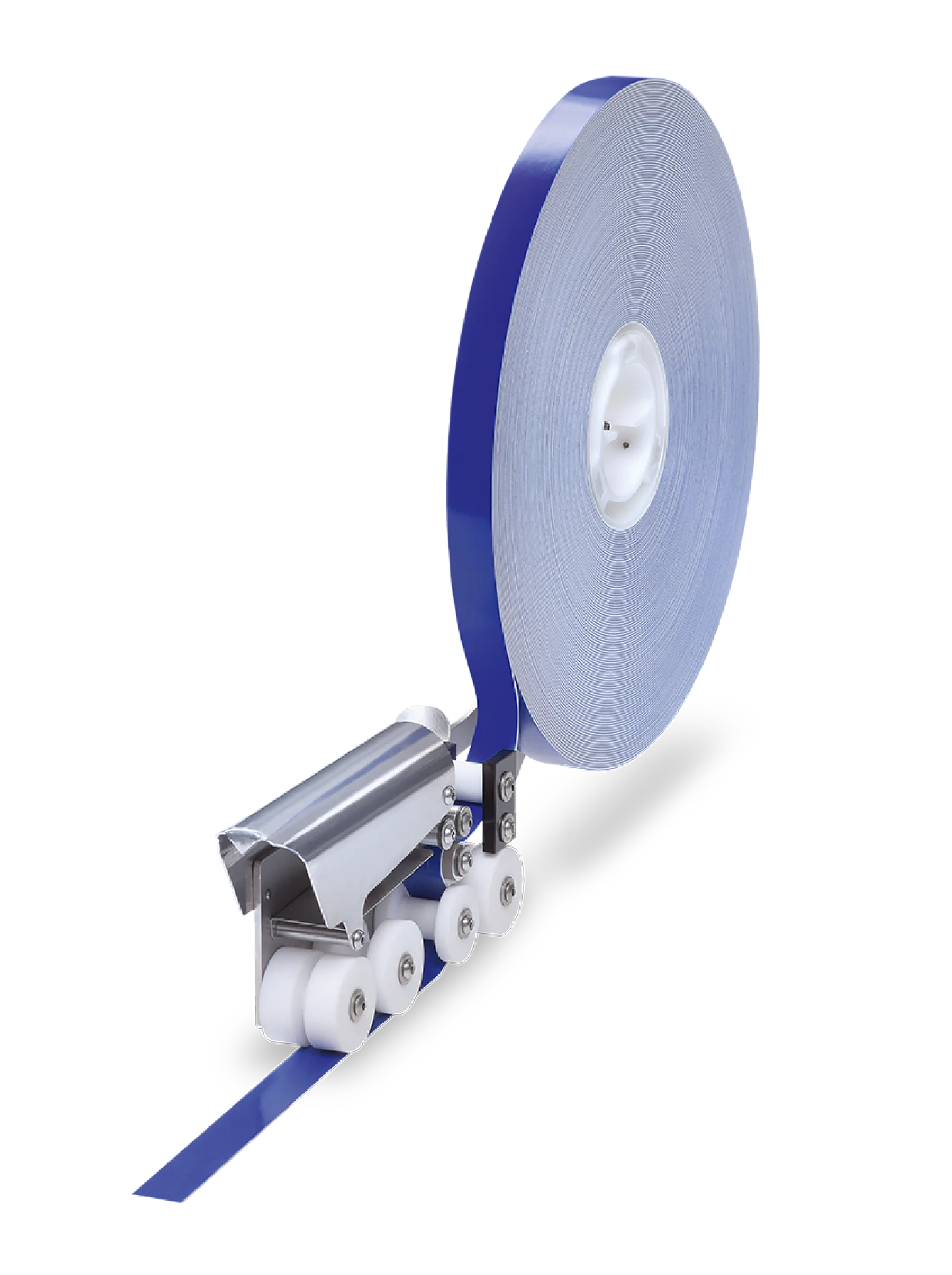 A close-up image of a blue roll of tesa tape installed on a tape dispenser with white rollers. The dispenser appears to be made of metal and plastic. The tesa tape is partially unrolled and feeds through the dispenser. (Acest text a fost generat de inteligența artificială)