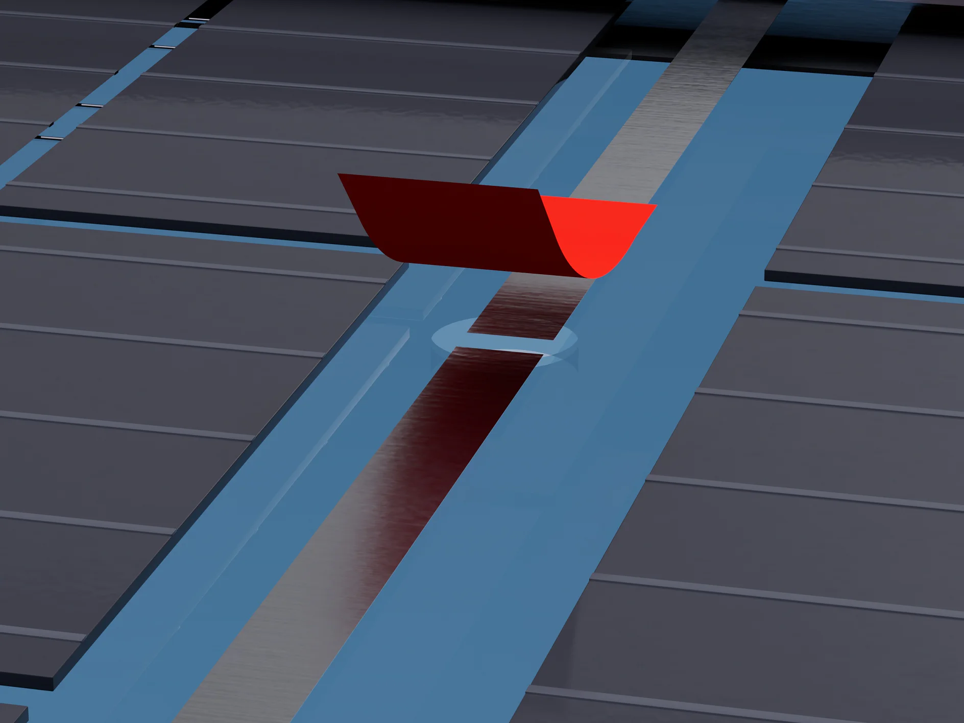 A 3D illustration depicting a red object resembling a boat on a narrow, blue waterway. The boats reflection is visible on the water. The background features a grid-like pattern with the dark rectangular sections that appear to be held together by tesa tape. (Acest text a fost generat de inteligența artificială)