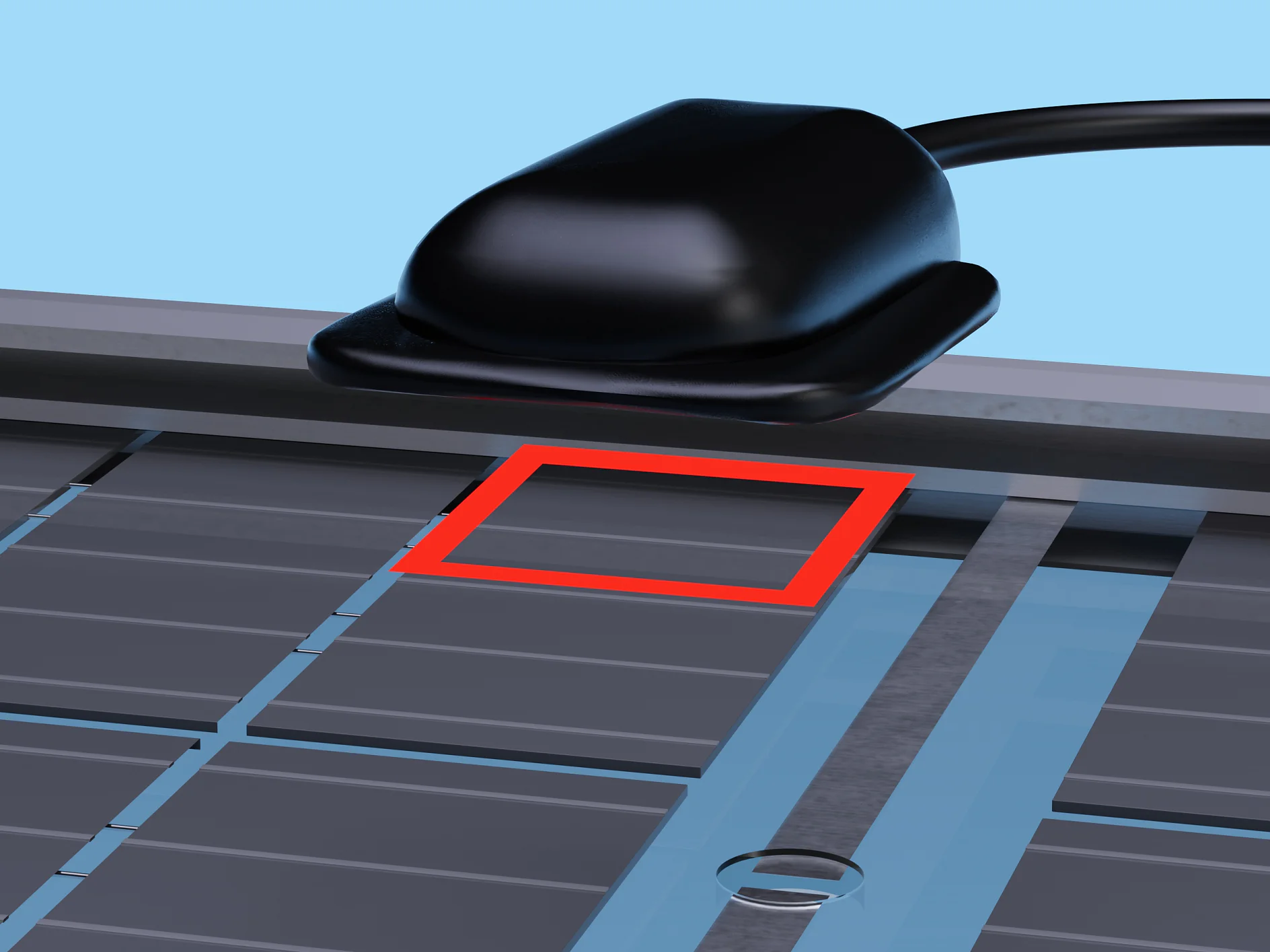 A black sensor is positioned above a grid of solar panels with a focus on a red square marking on one of the panels. The background is light blue, highlighting the setup of the solar technology. (Acest text a fost generat de inteligența artificială)
