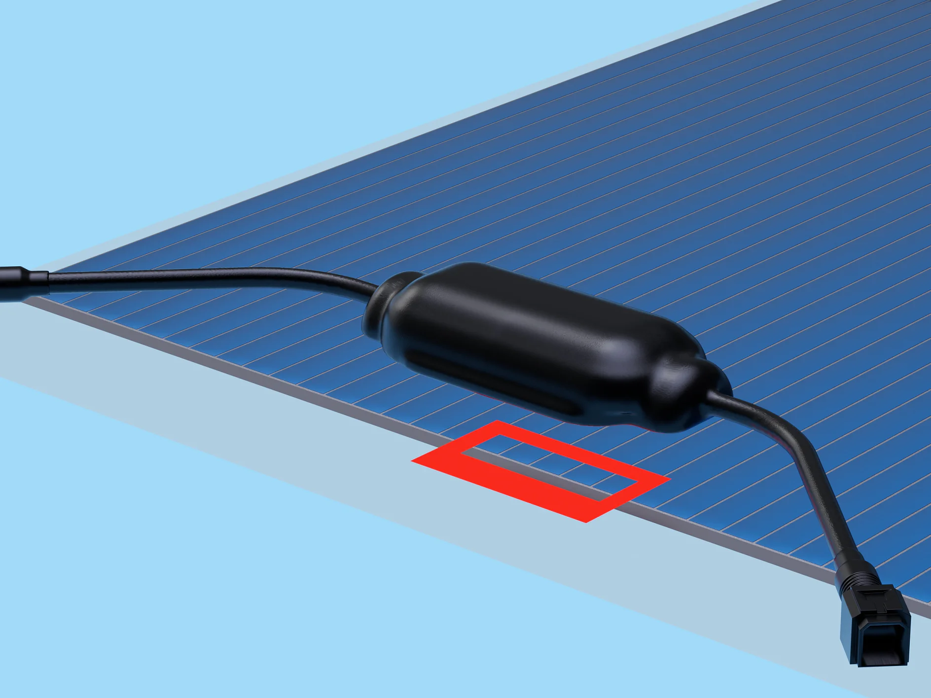 Close-up of a solar panel with a black cylindrical connector and cables on top. A red rectangular outline, made with tesa tape, is positioned on the panel beneath the connector. The background is a light blue. (Acest text a fost generat de inteligența artificială)