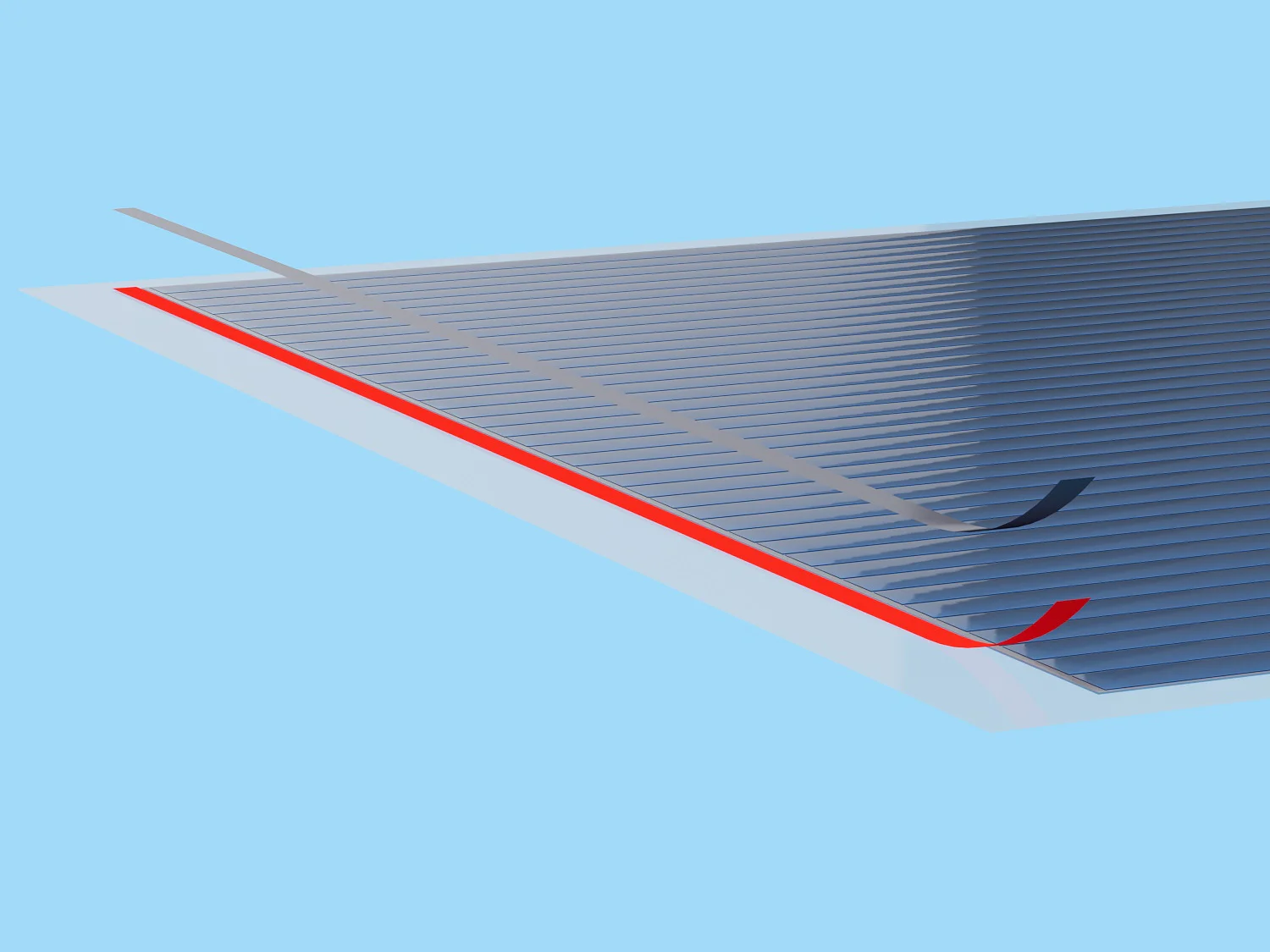 A close-up of a corrugated metal roof with a small section of trim bending upward. The roof has parallel ridges and is colored in shades of gray. The distorted trim appears red, contrasting with the blue sky background. Different sections are secured with tesa tape to maintain the structures integrity. (Acest text a fost generat de inteligența artificială)