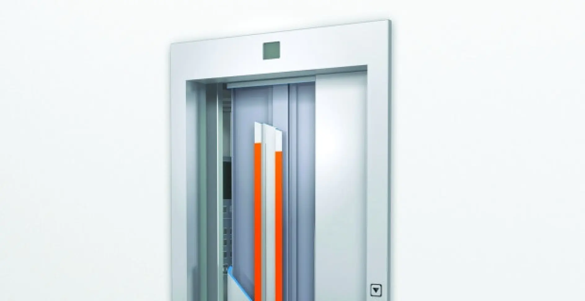 Modern elevator door with a sleek silver frame and a vertical orange and gray panel in a white indoor setting. (Acest text a fost generat de inteligența artificială)