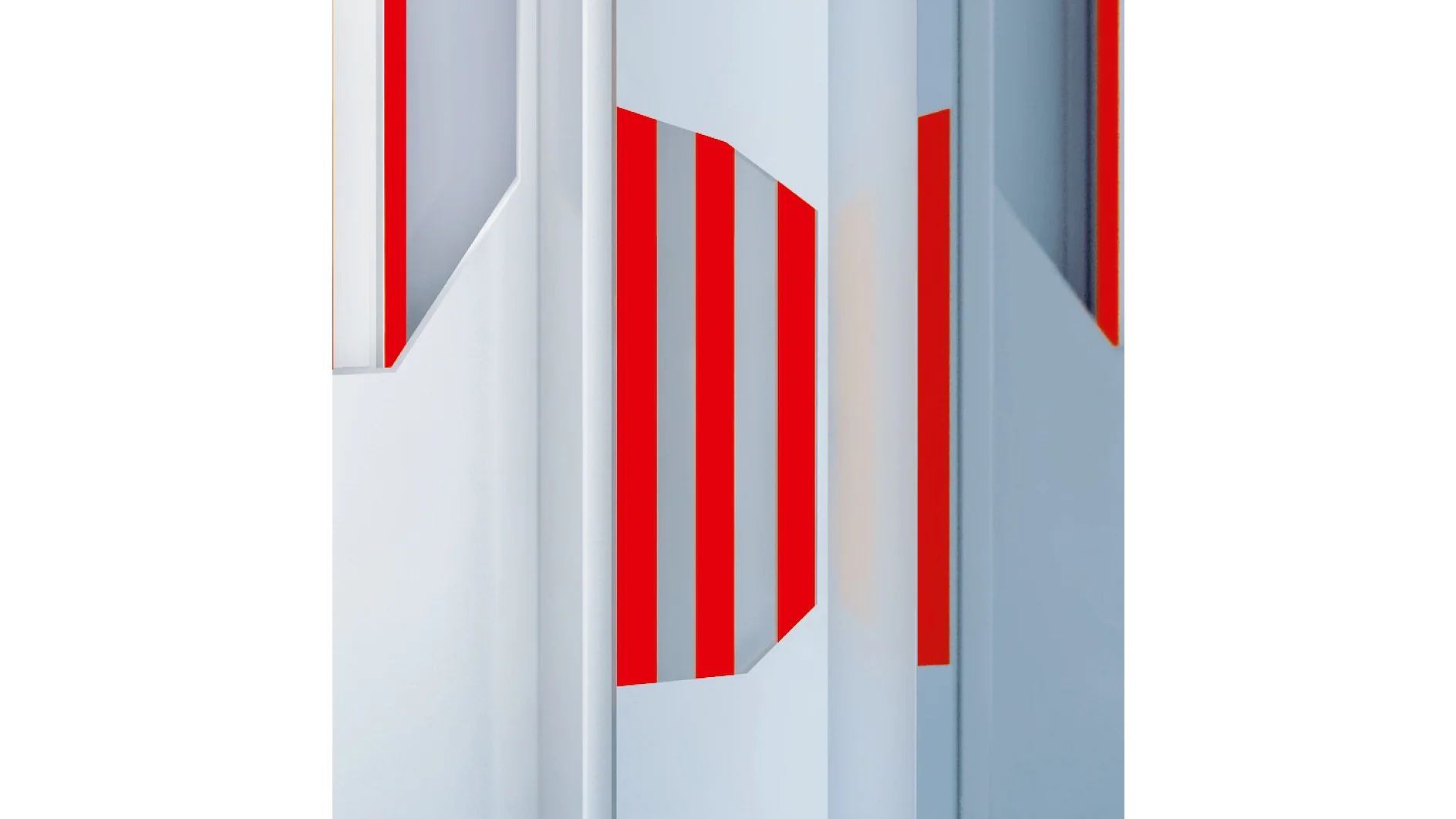 tesa branded white and red adhesive tapes arranged vertically on a light gray background in a minimalistic indoor setting (Acest text a fost generat de inteligența artificială)
