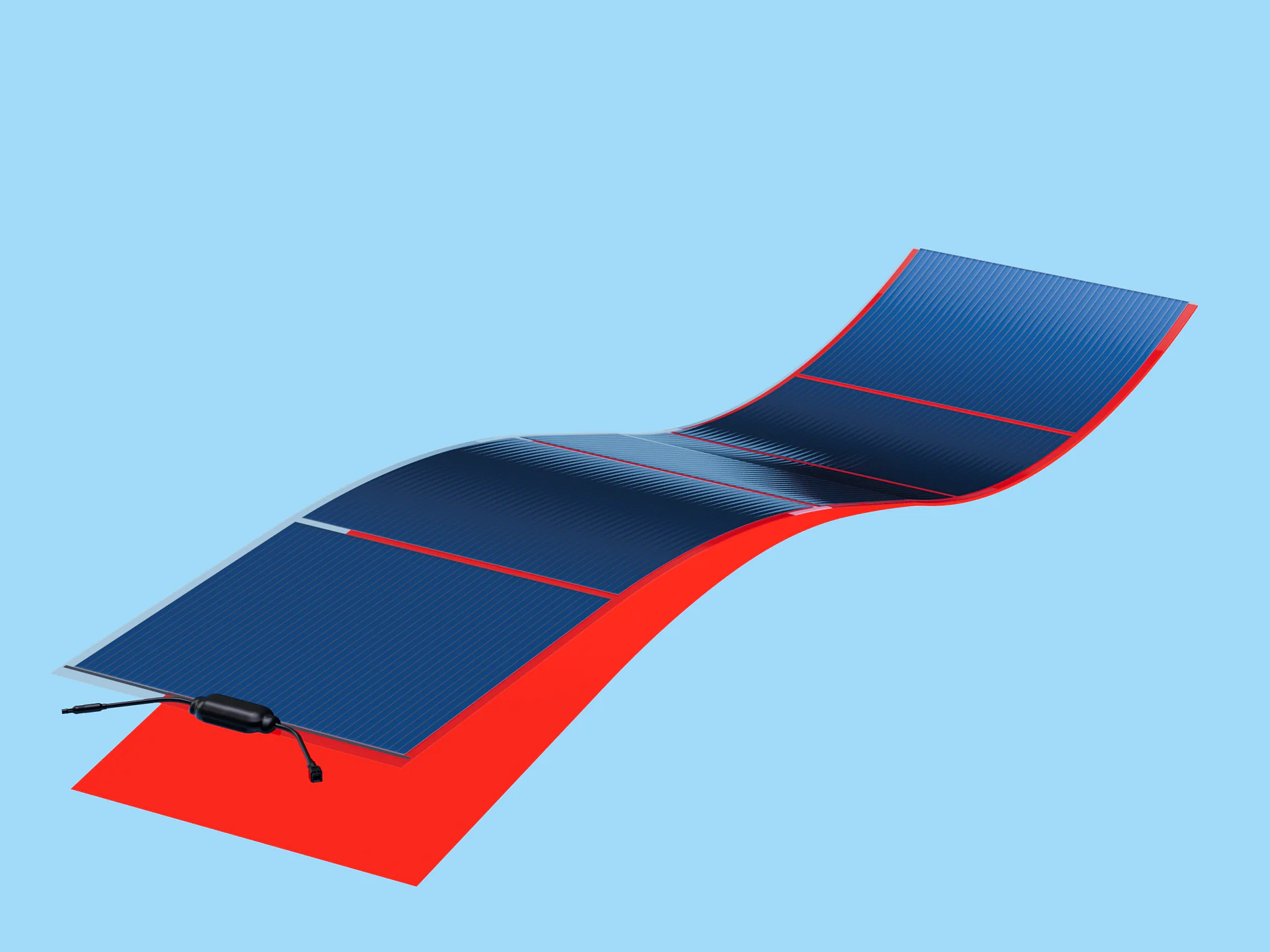 A flexible solar panel with a red backing is laid out against a light blue background. It features two main sections joined together with tesa tape, with visible wiring attached on one end. (Acest text a fost generat de inteligența artificială)