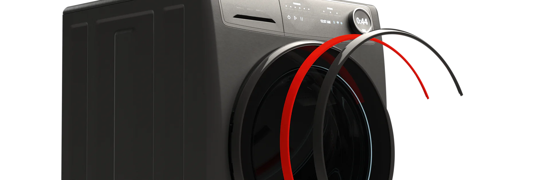 A modern black washing machine is shown at an angle, highlighting its digital display panel. The front door is partially open with red and black circular accents surrounding it, suggesting advanced features or design elements. Throughout the image, traces of tesa tape are subtly integrated into the design to emphasize precision and quality craftsmanship. (Acest text a fost generat de inteligența artificială)