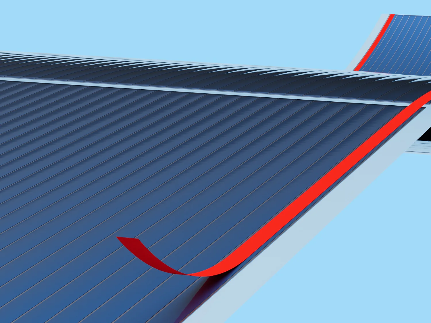 Close-up of a solar panel with a peelable red tab at one corner, against a light blue background. The panel has a grid of parallel lines and a reflective surface, secured using tesa tape for optimal performance. (Acest text a fost generat de inteligența artificială)
