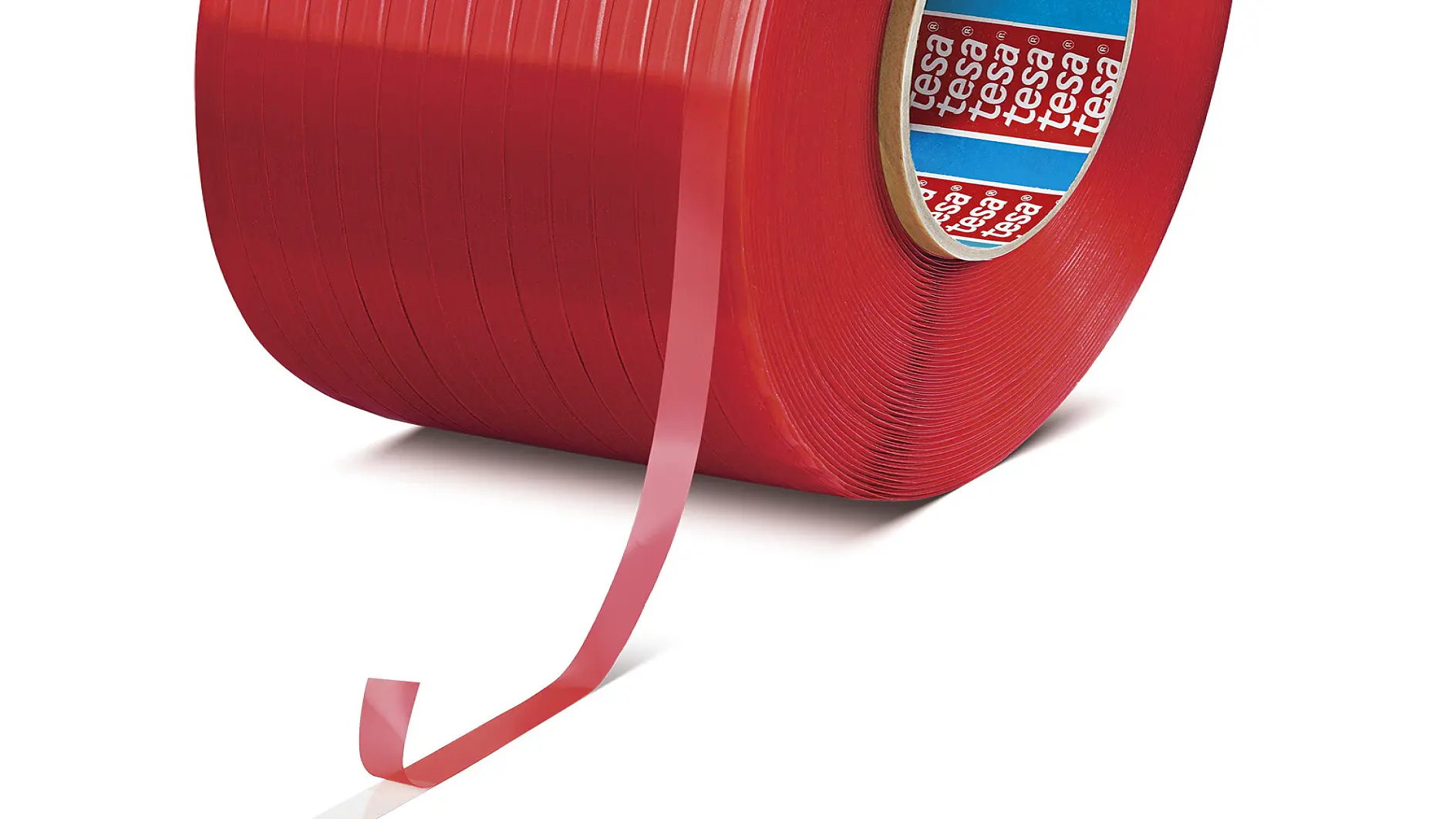 red tesa adhesive tape roll with a loose end, isolated on white background, showing the brand logo inside the core