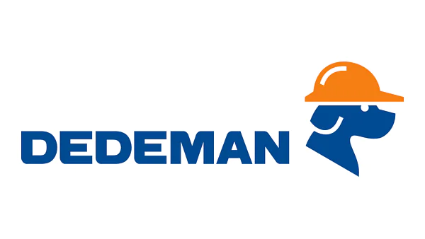 Logo-ul Dedeman, care prezintă un câine albastru purtând o cască de protecție portocalie, alături de textul ‘DEDEMAN’ scris cu majuscule albastre.