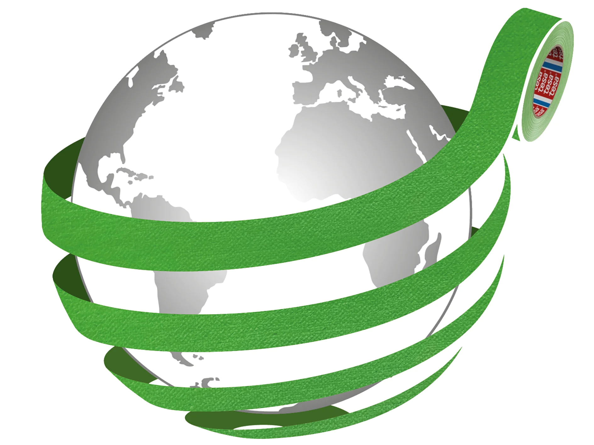 glob înfășurat cu bandă tesa verde care spiralează în jur, simbolizând protecția mediului sau un concept de ambalare globală (Acest text a fost generat de inteligența artificială)