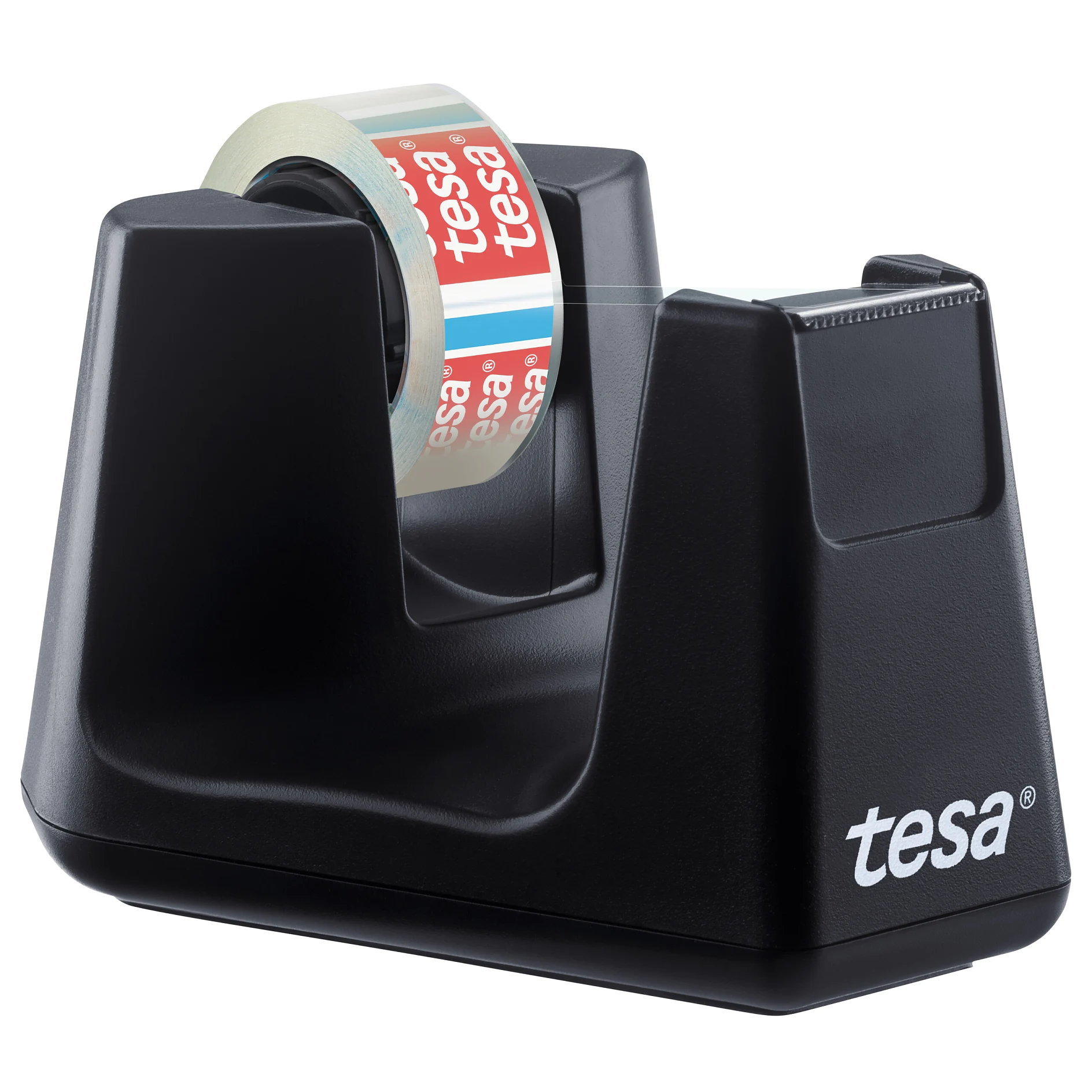 tesa branded black tape dispenser holding a roll of clear adhesive tape with red and white tesa logo labels, isolated on white background (Acest text a fost generat de inteligența artificială)
